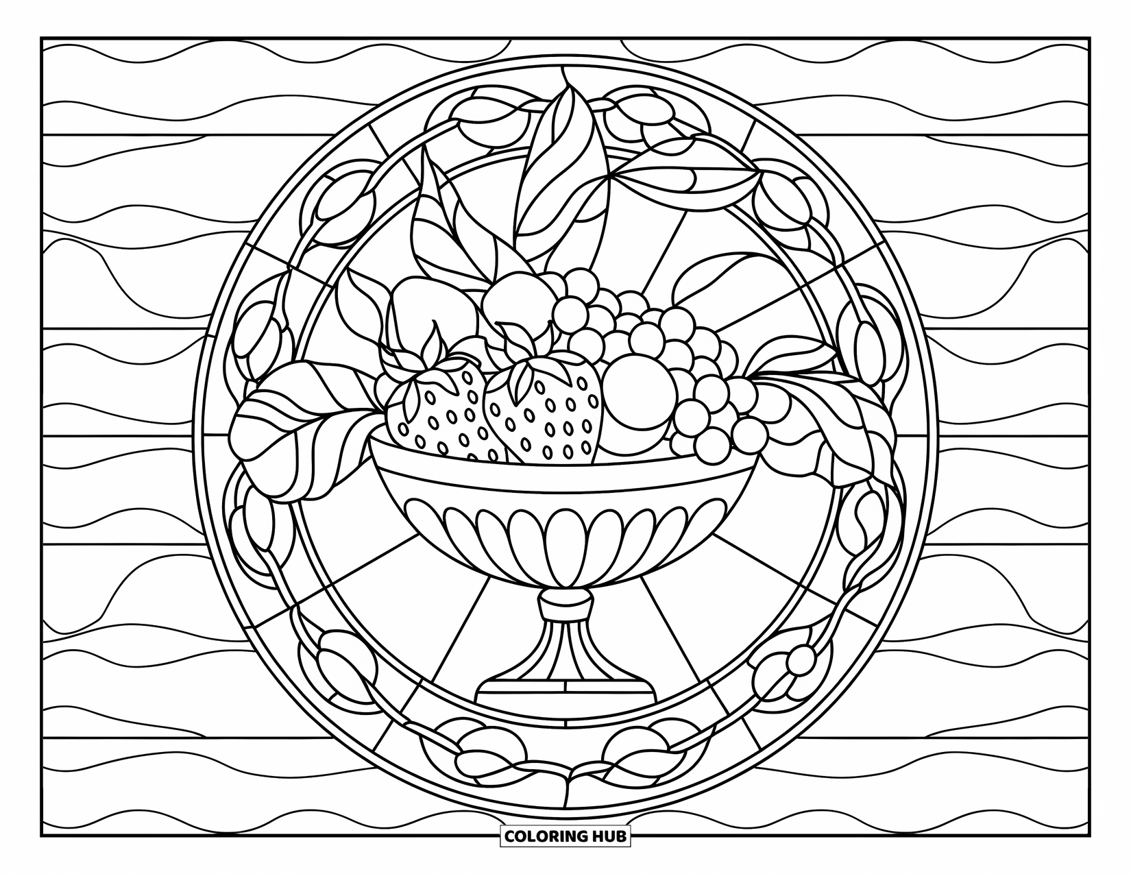 Summer Food Coloring Page for Adults: A fruit bowl framed by leafy stained glass and gentle wavy lines