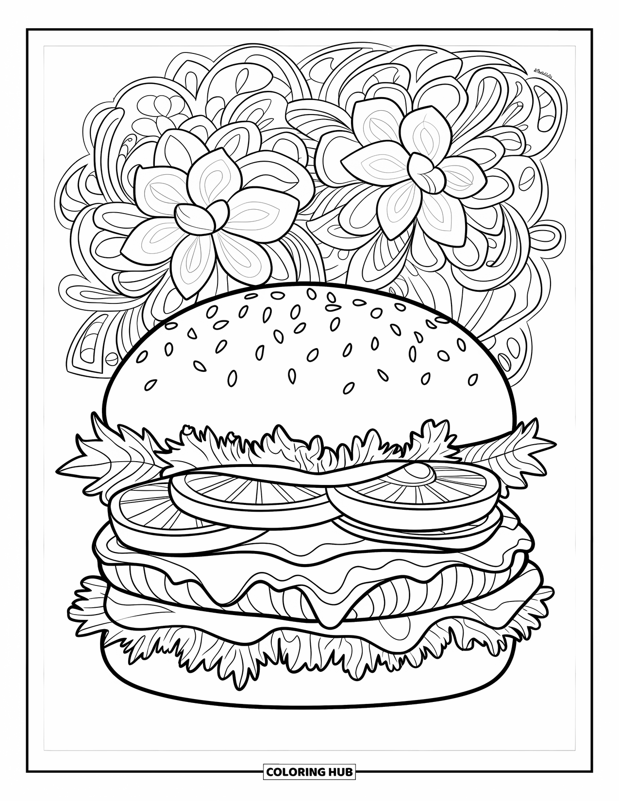 Summer Food Coloring Page for Adults: A juicy burger framed by a floral mandala of leaves and vines