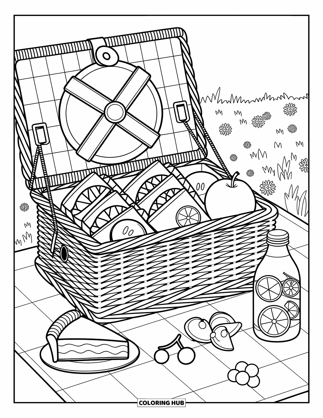 Summer Food Coloring Page for Adults: A picnic basket brimming with fruit, sandwiches, and lemonade on the grass