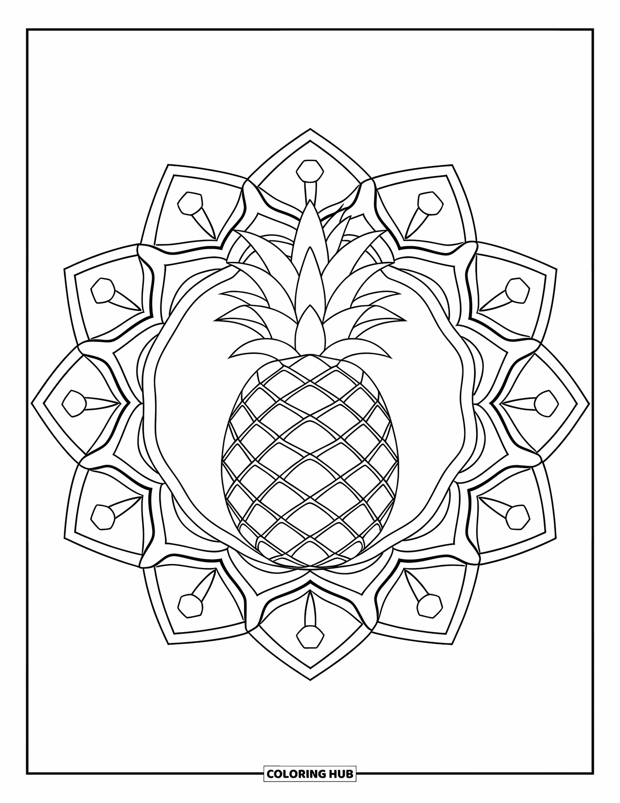 Summer Food Coloring Page for Adults: A pineapple centered in a geometric mandala with clean, bold lines