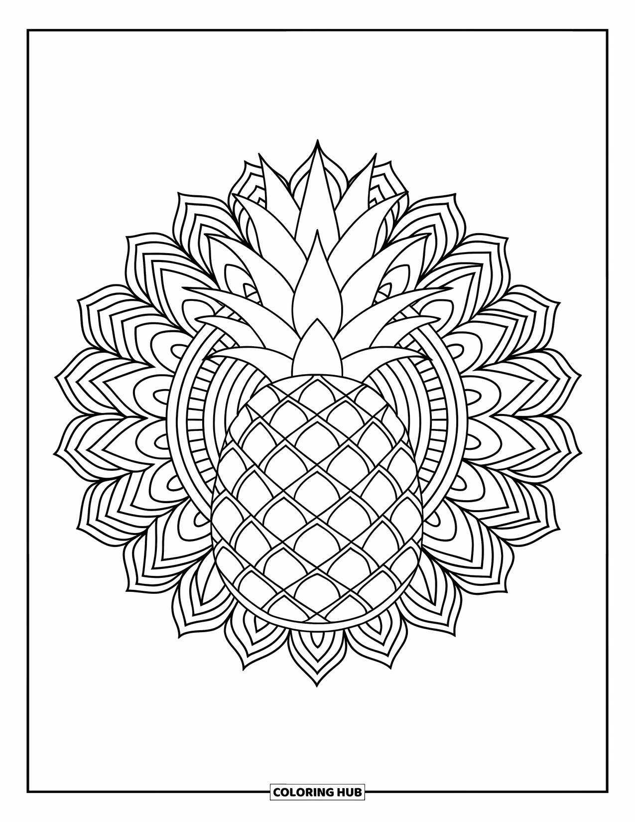 Summer Food Coloring Page for Adults: A pineapple framed by a geometric botanical mandala