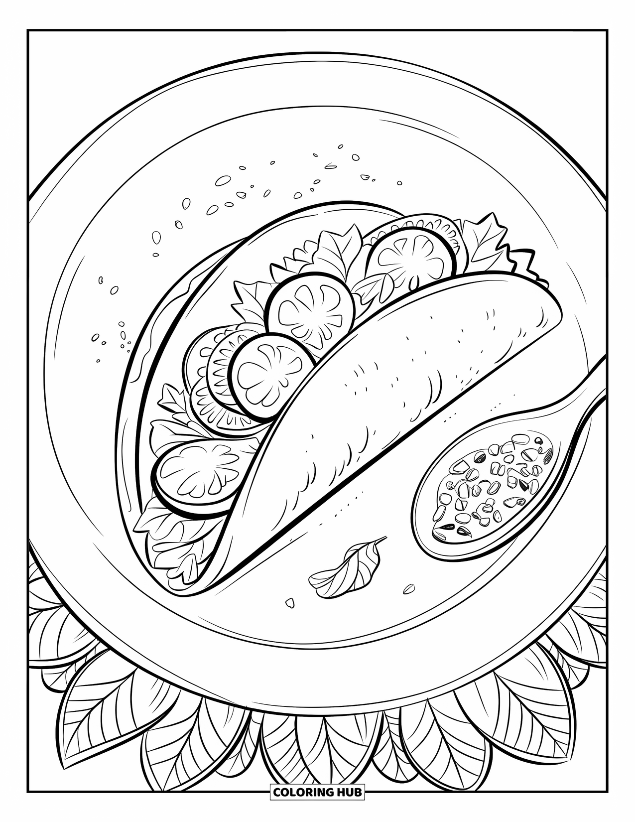 Summer Food Coloring Page for Adults: A soft taco with avocado and salsa framed by a leafy mandala