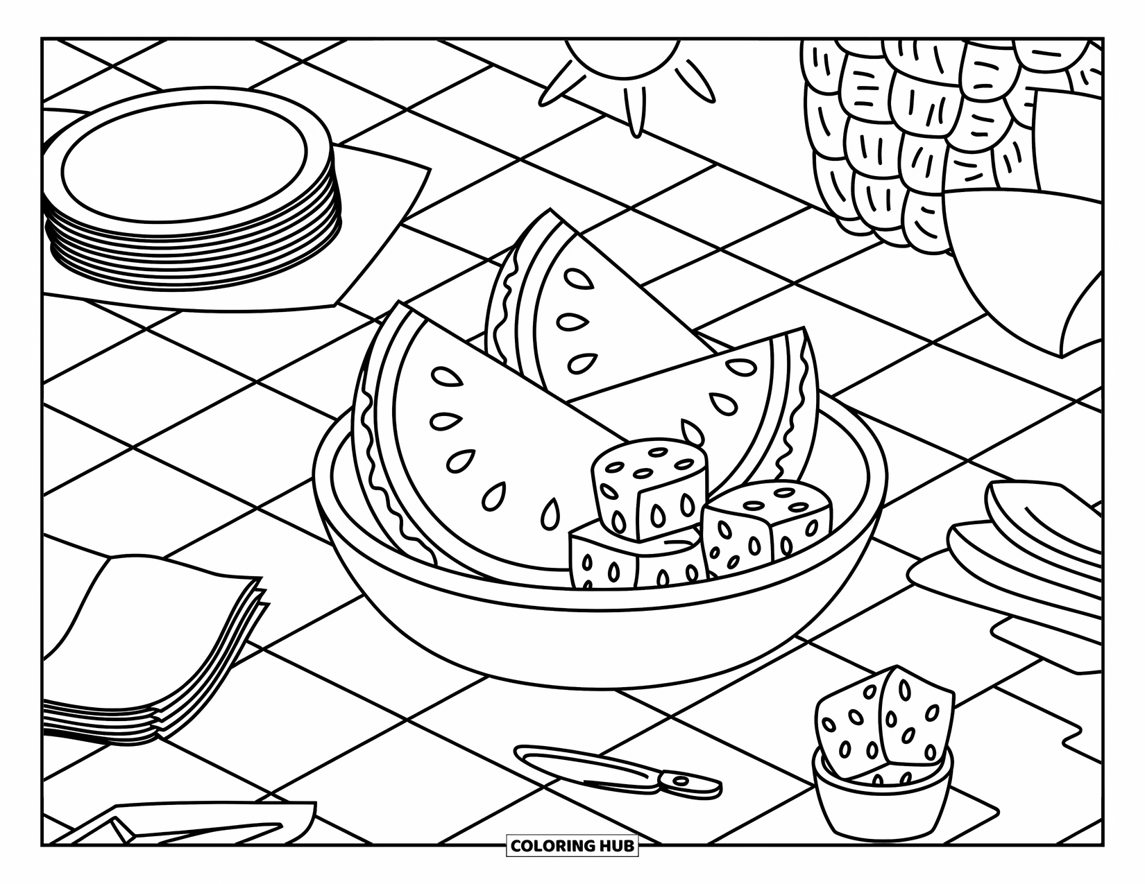 Summer Food Coloring Page for Adults: A sunny picnic scene with watermelon, plates, and a basket in a wildflower field
