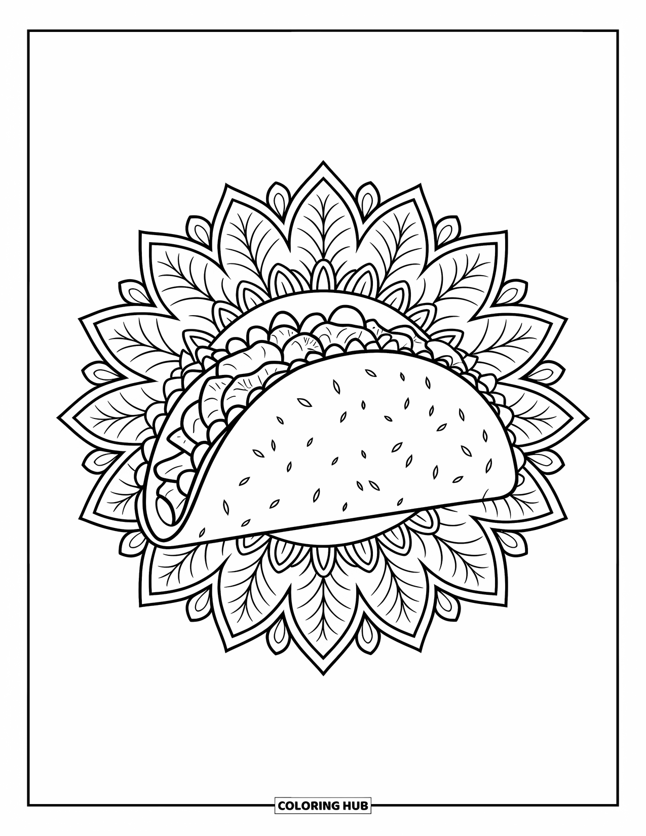 Summer Food Coloring Page for Adults: A taco filled with lettuce, tomato, and cheese in a leafy mandala