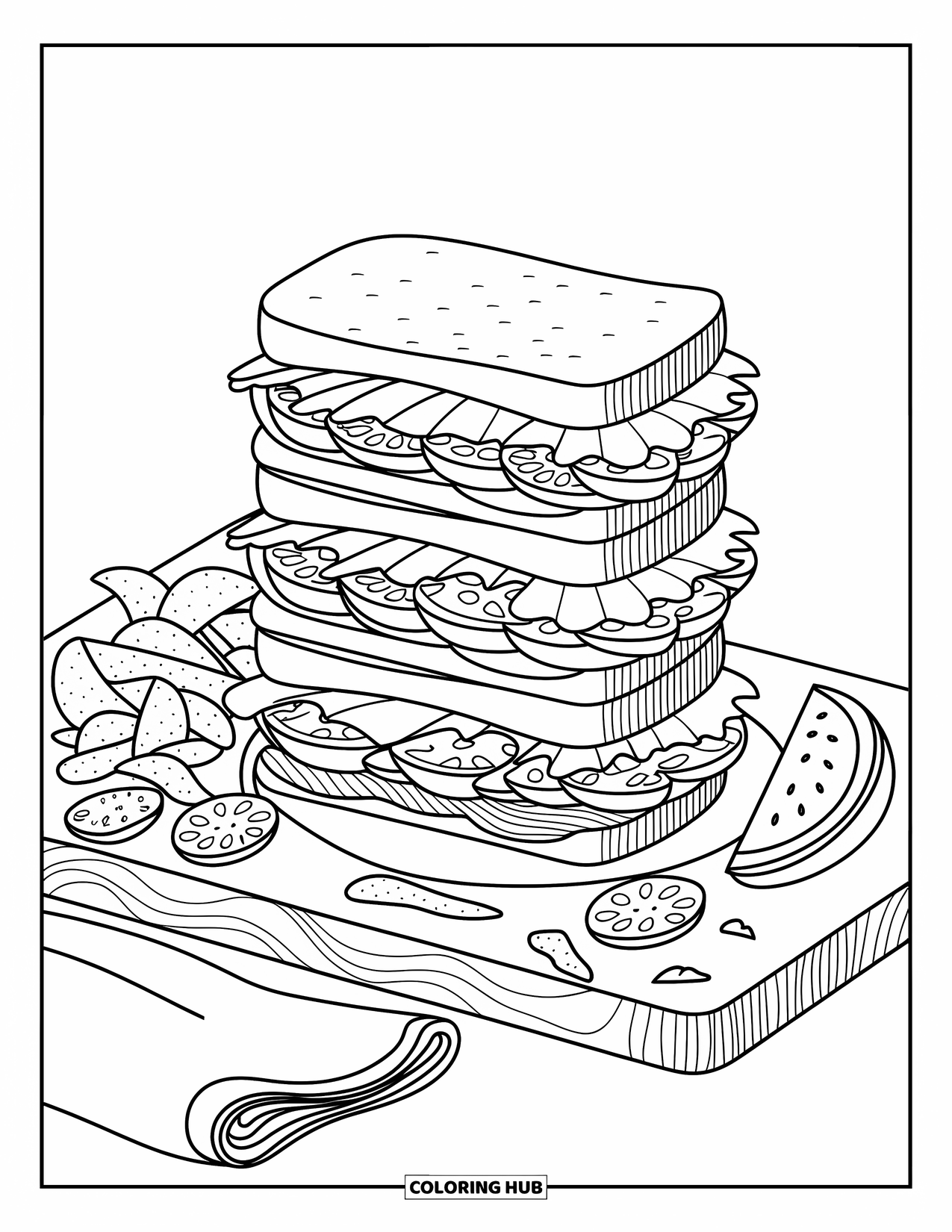 Summer Food Coloring Page for Adults: A tall stack of club sandwiches with chips, napkin, and a watermelon slice