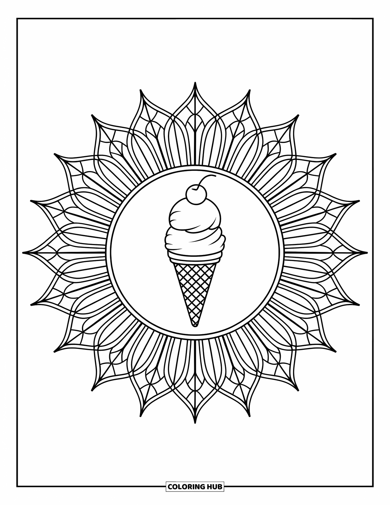 Summer Food Coloring Page for Adults: An ice cream cone with a cherry centered in a stained glass sunburst