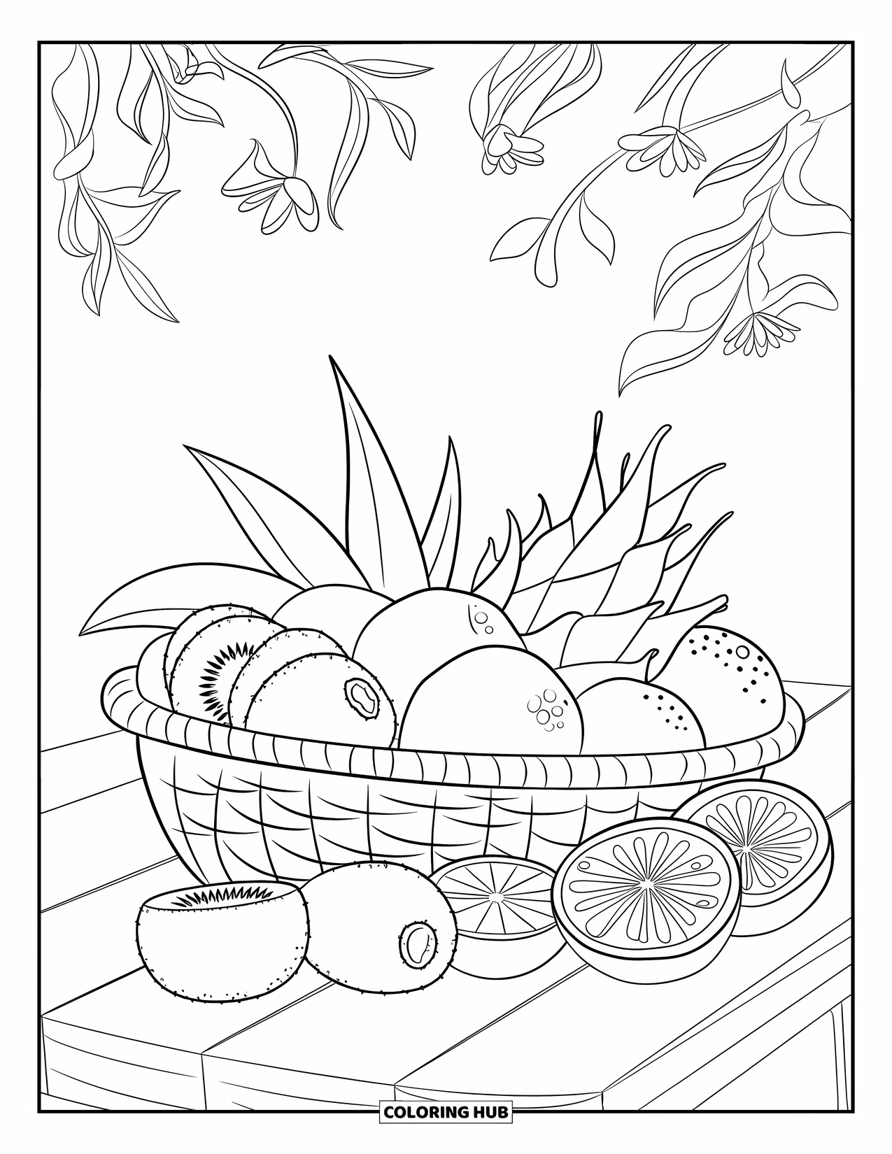 Summer Food Coloring Page for Kids: A basket of summer fruits like kiwi, citrus, and dragon fruit on a table