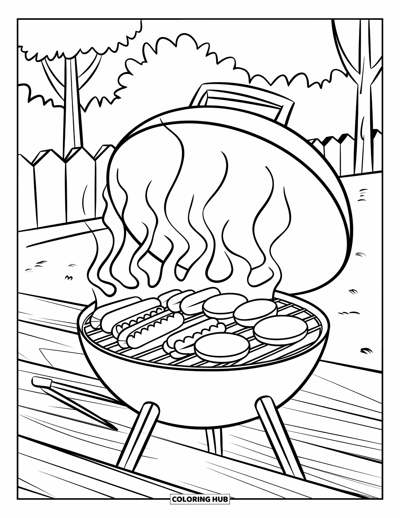 Summer Food Coloring Page for Kids: A BBQ grill with hot dogs, burgers, and smoke curling upward