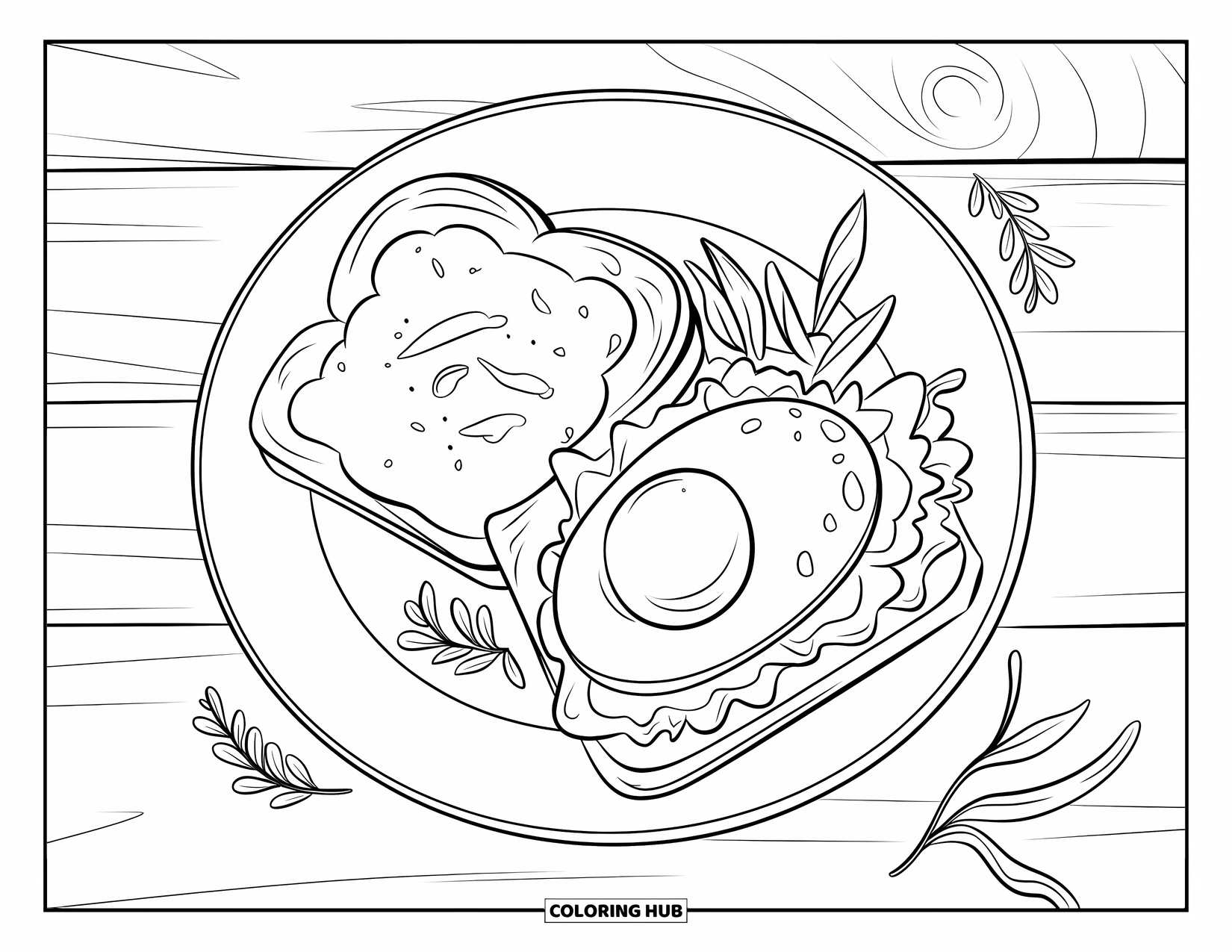 Summer Food Coloring Page for Kids: A brunch plate with toast, egg, avocado, and herbs on a wooden table