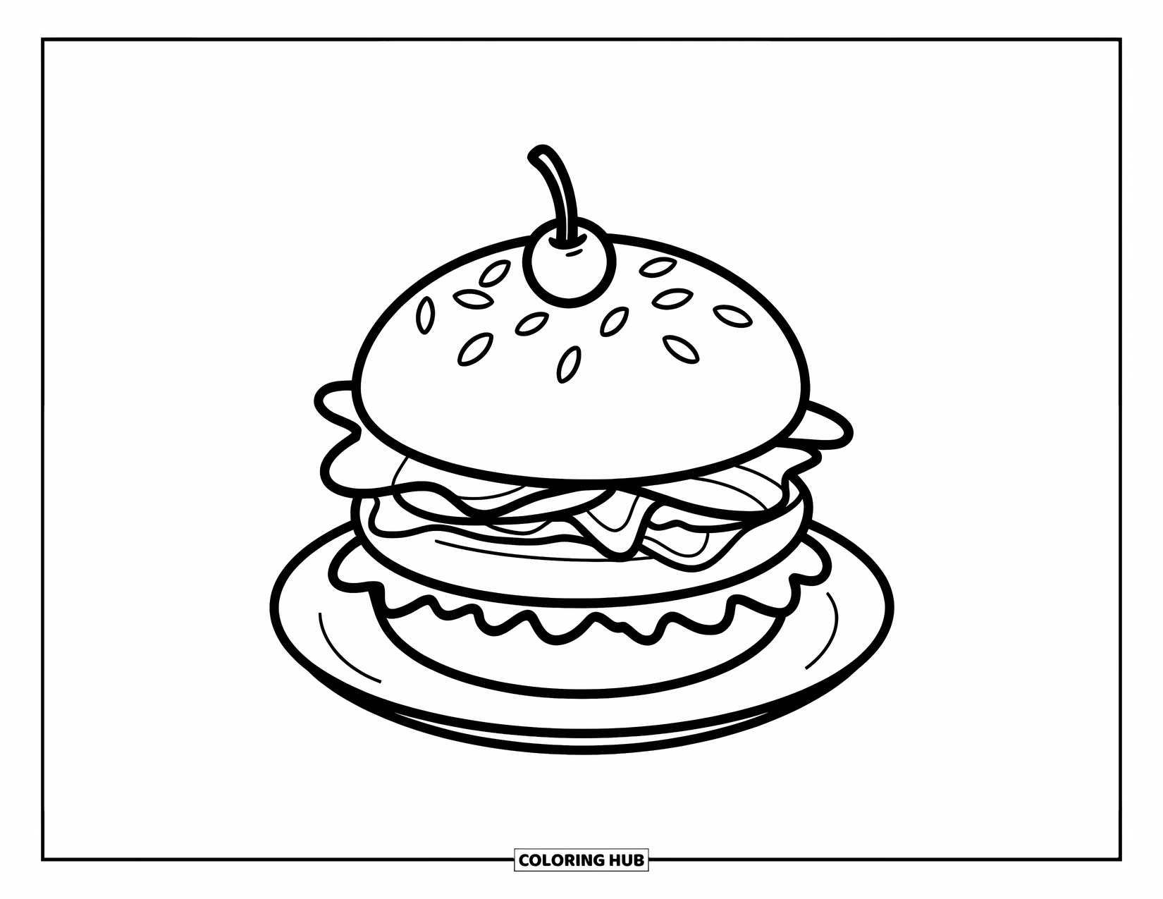 Summer Food Coloring Page for Kids: A classic hamburger with a cherry on top and clean outlines