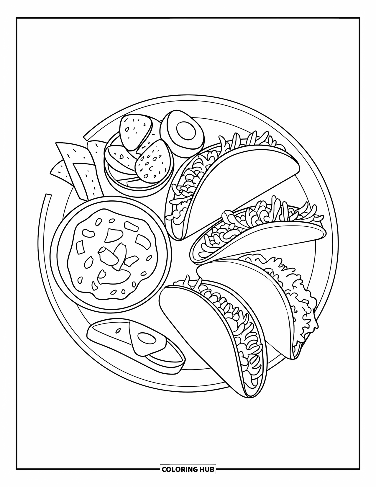 Summer Food Coloring Page for Kids: A colorful taco plate with nachos and guacamole ready to enjoy