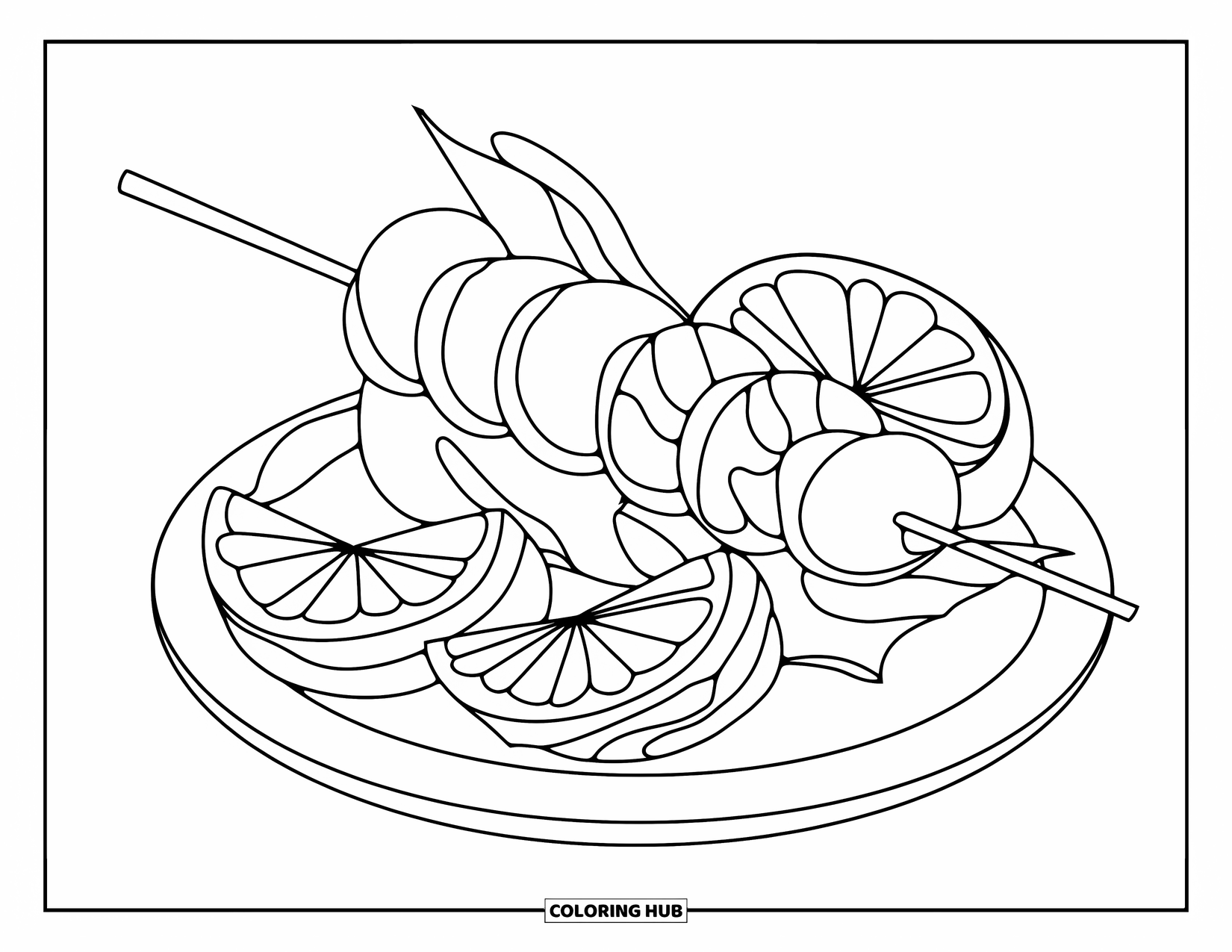 Summer Food Coloring Page for Kids: A fun shrimp skewer with lemon slices and playful details
