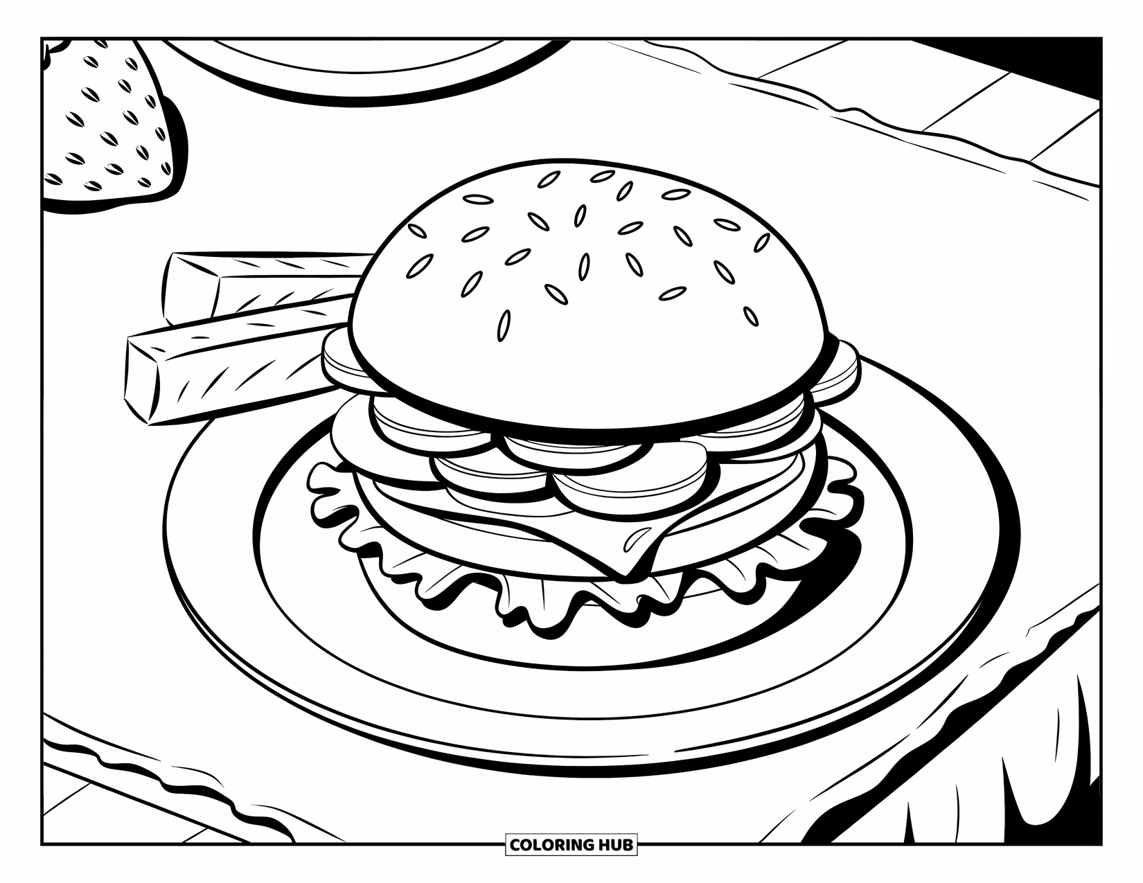 Summer Food Coloring Page for Kids: A hamburger with lettuce, patty, and bun on a white plate