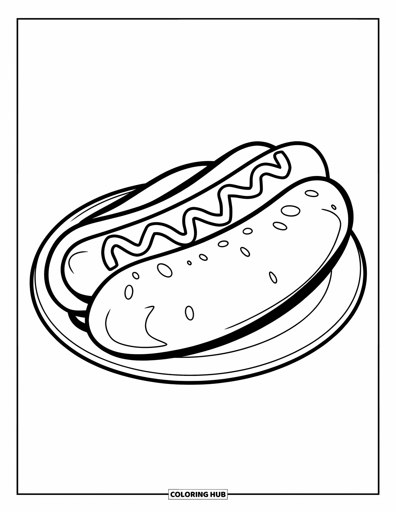 Summer Food Coloring Page for Kids: A hot dog with mustard lines and crisp, bold outlines