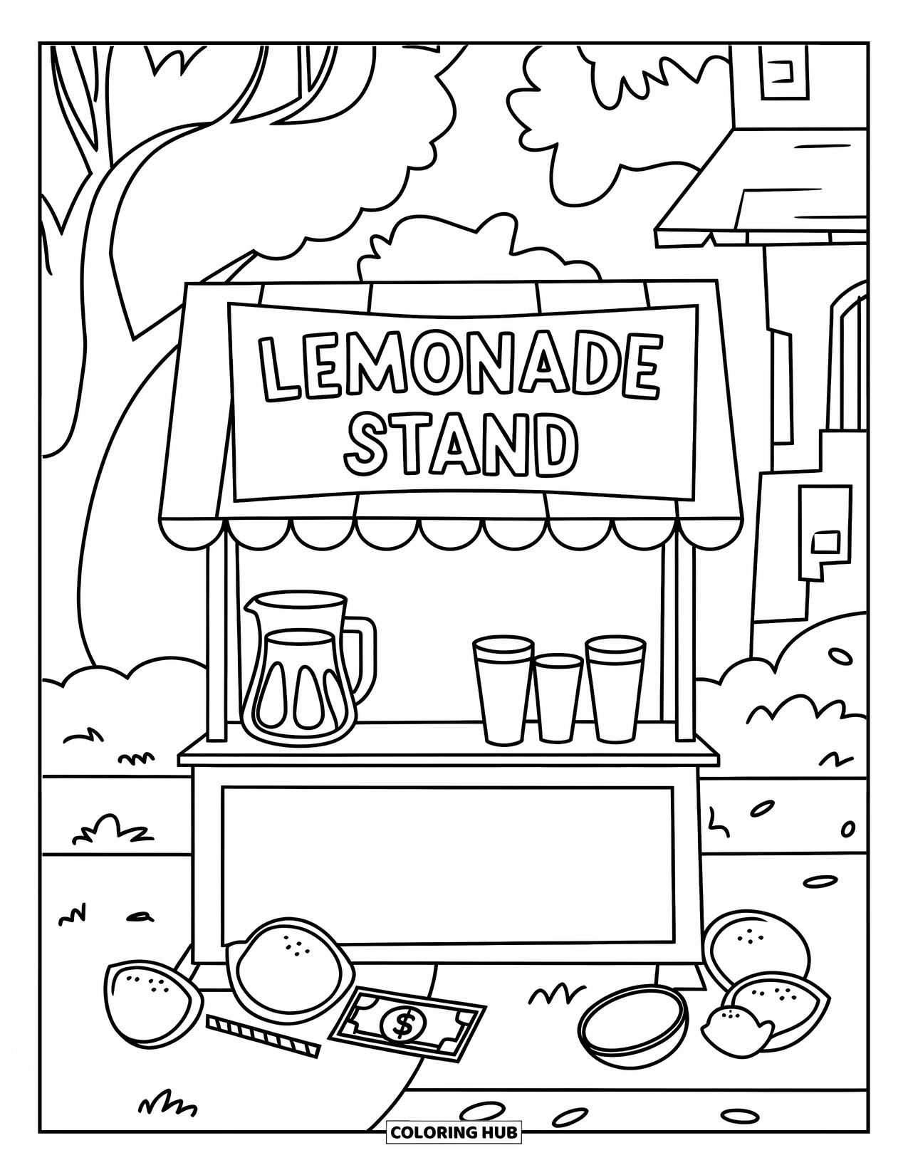 Summer Food Coloring Page for Kids: A lemonade stand with cups, lemons, and trees in the background