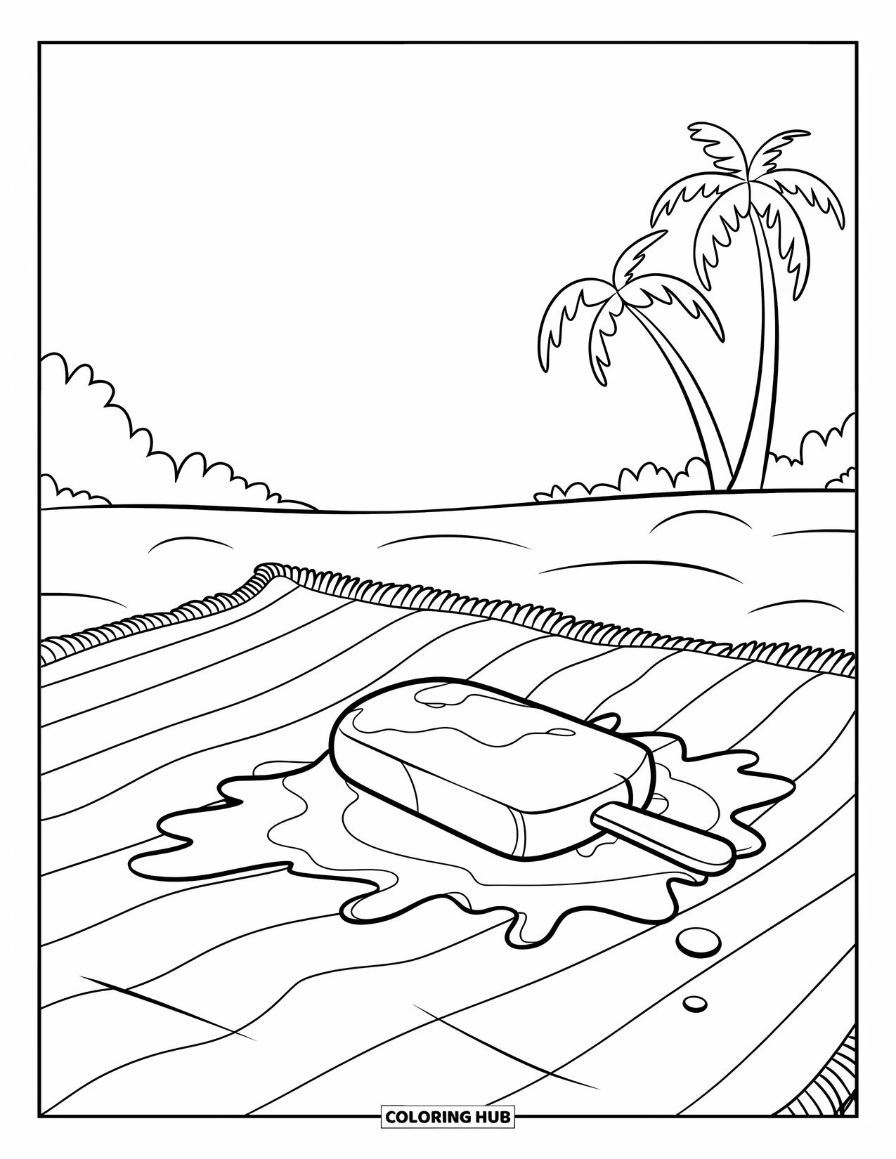 Summer Food Coloring Page for Kids: A melting popsicle rests on a towel under the hot summer sun