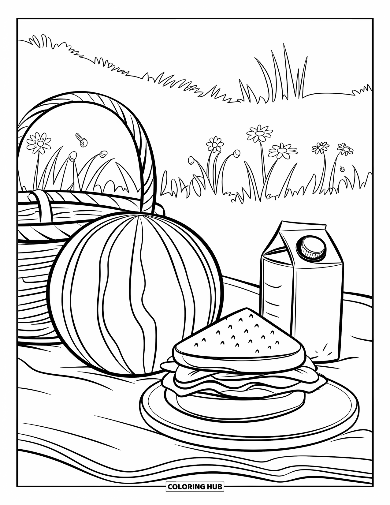 Summer Food Coloring Page for Kids: A picnic scene with watermelon, sandwich, and flowers in a meadow