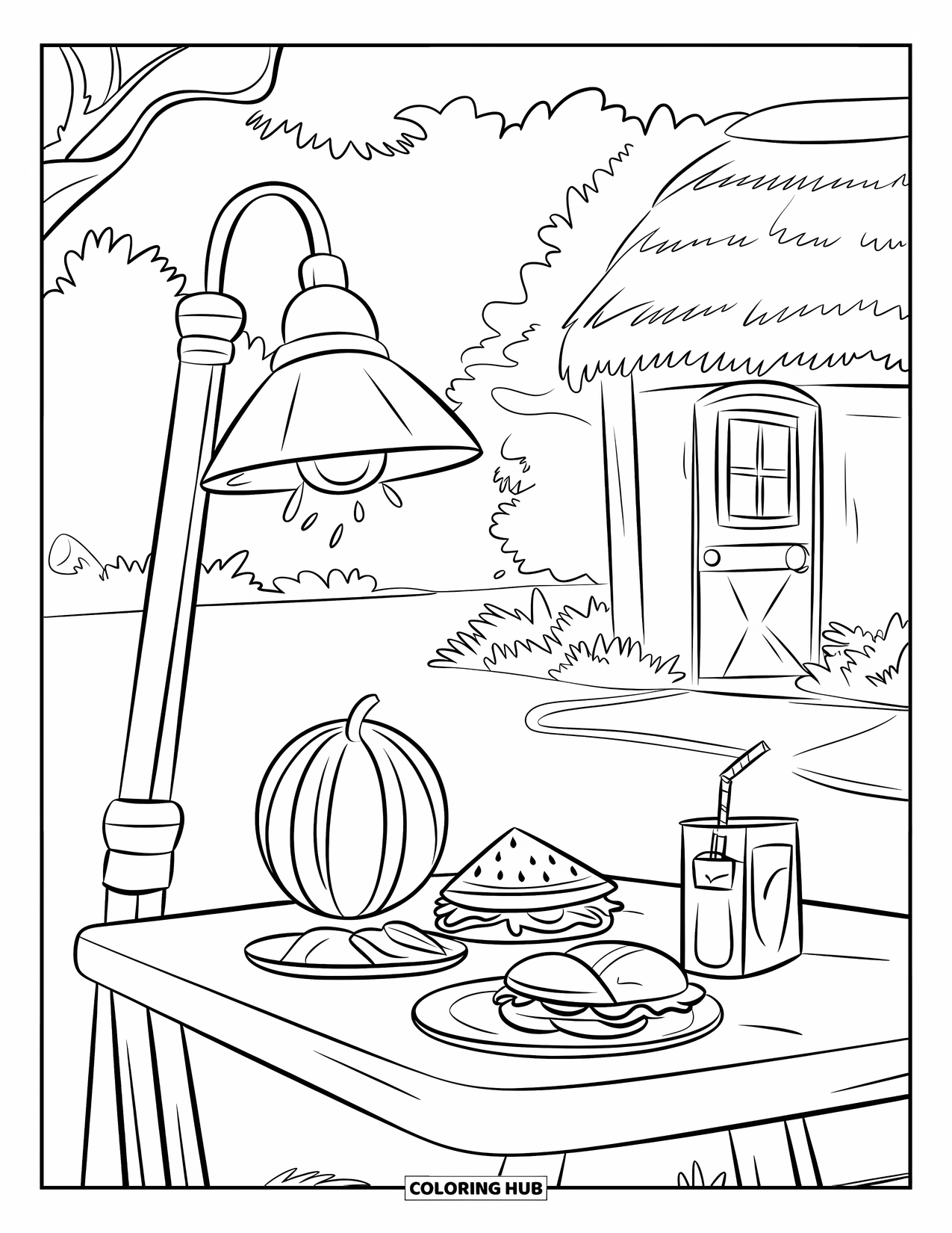 Summer Food Coloring Page for Kids: A picnic table with summer snacks near a cozy cottage