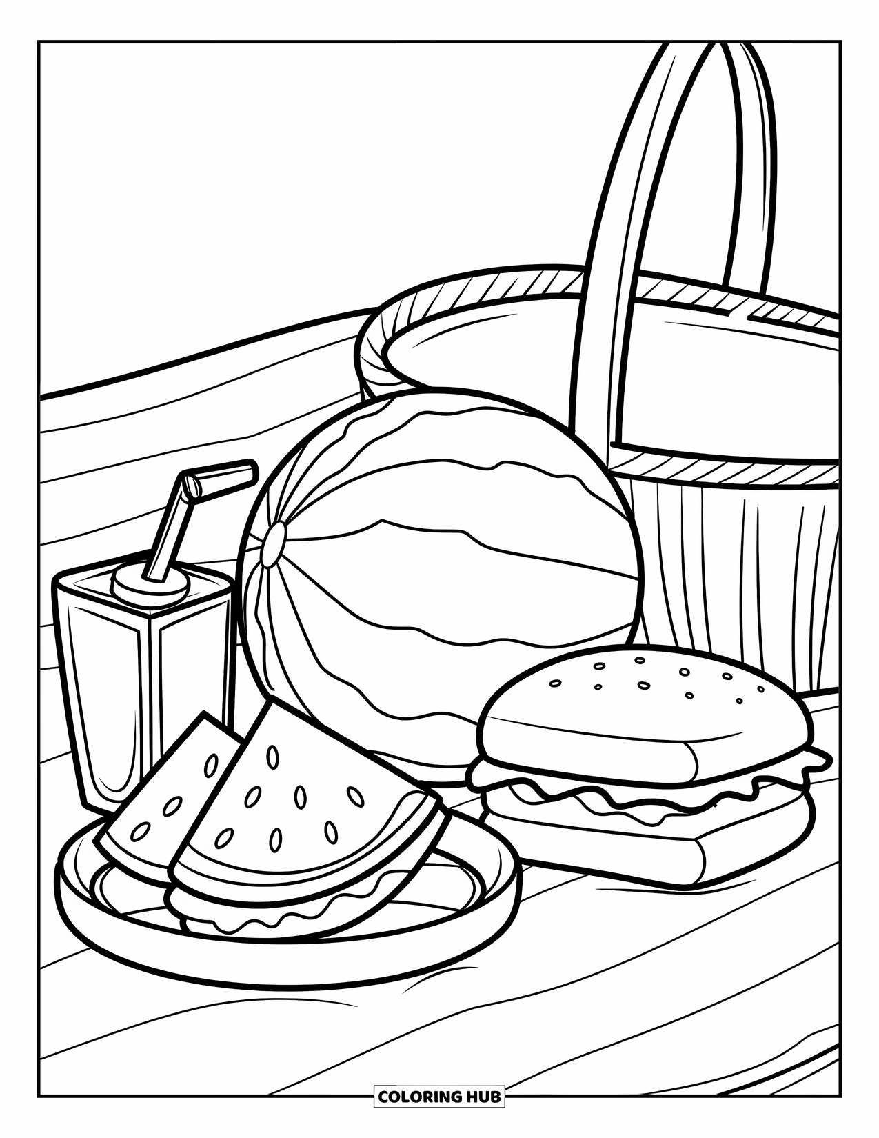 Summer Food Coloring Page for Kids: A picnic with watermelon, sandwich, and juice box near a basket