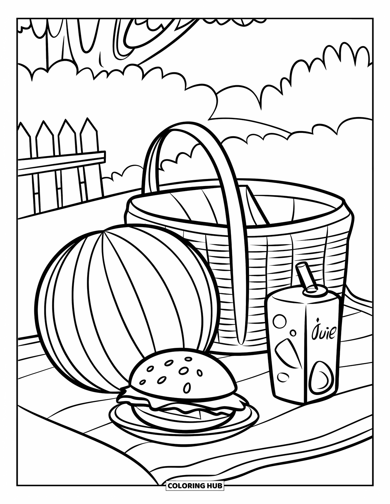 Summer Food Coloring Page for Kids: A picnic with watermelon, sandwich, and juice under a shady tree