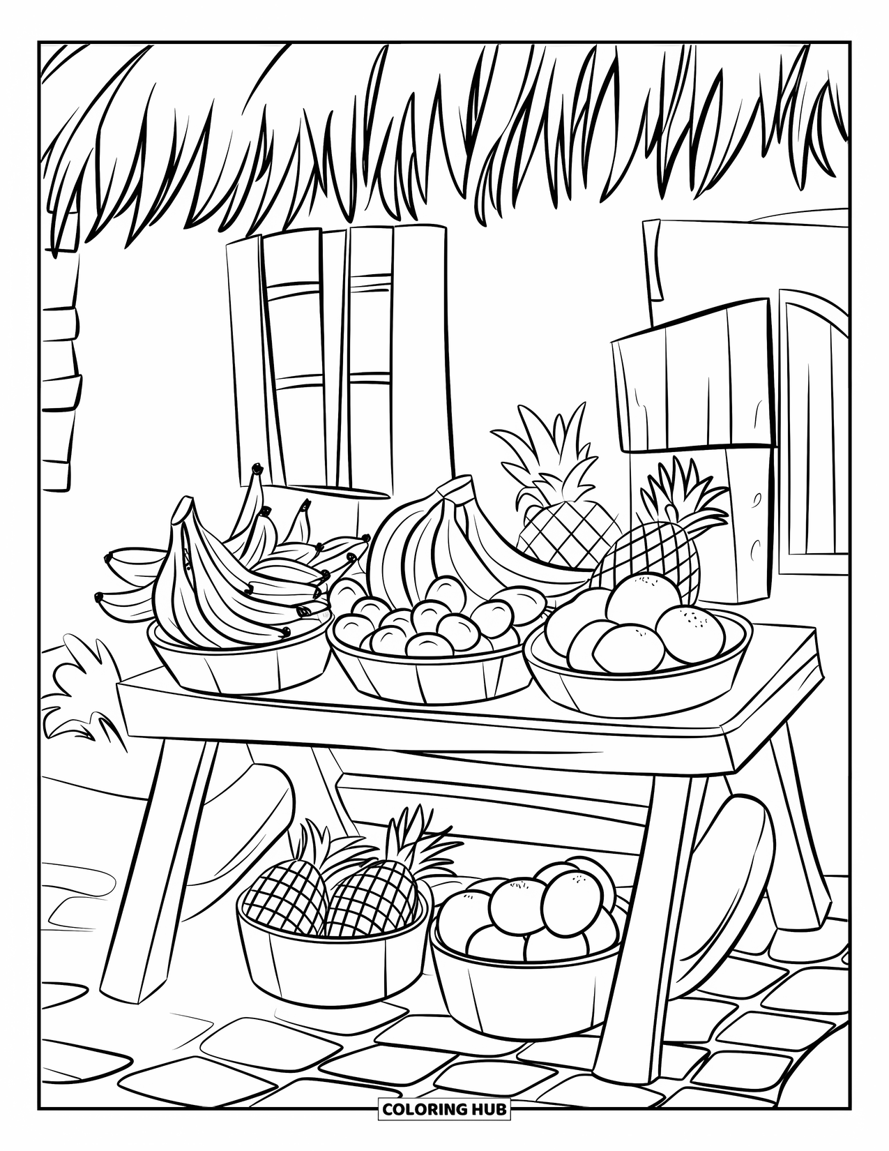 Summer Food Coloring Page for Kids: A rustic fruit stand of bananas, pineapples, and oranges