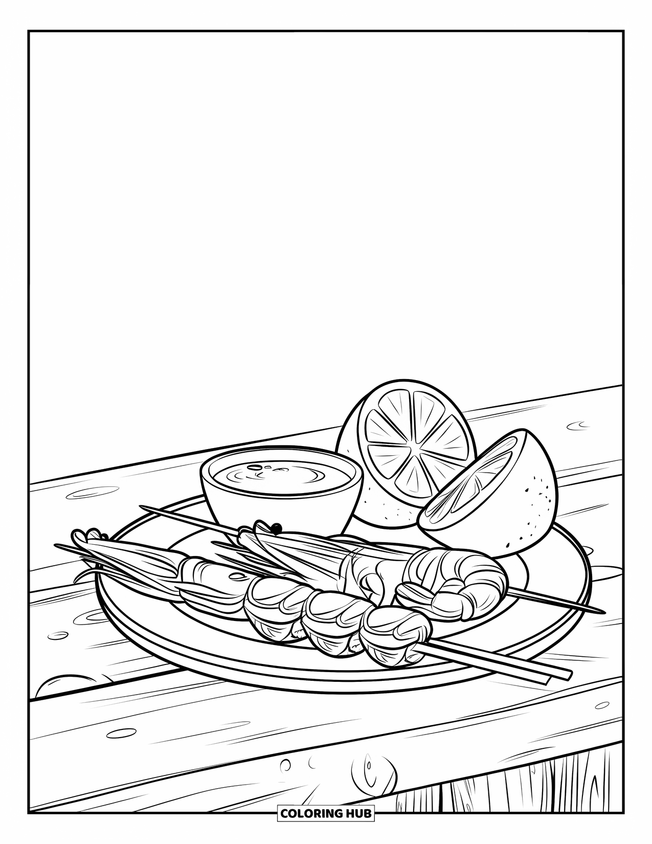 Summer Food Coloring Page for Kids: A seafood plate with shrimp skewers, lemon, and dipping bowl