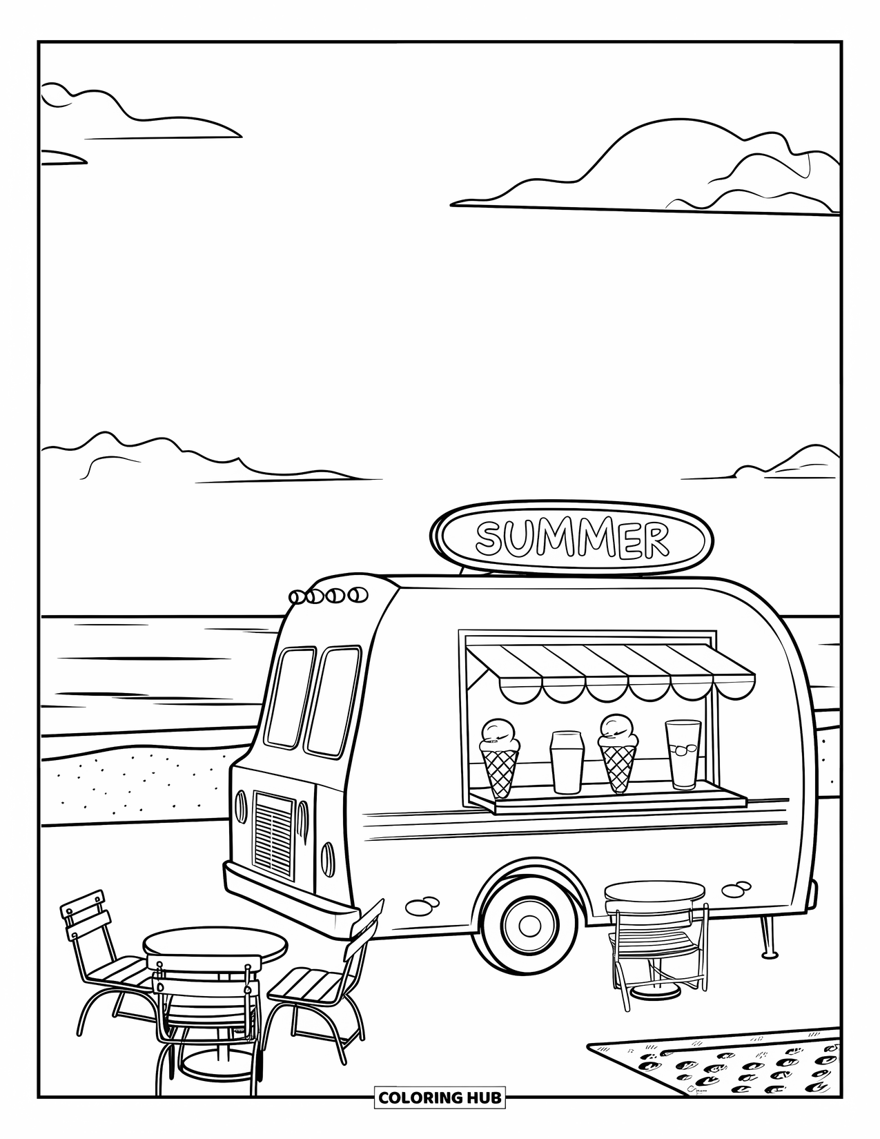 Summer Food Coloring Page for Kids: A seaside food truck serving treats beside tables and umbrellas