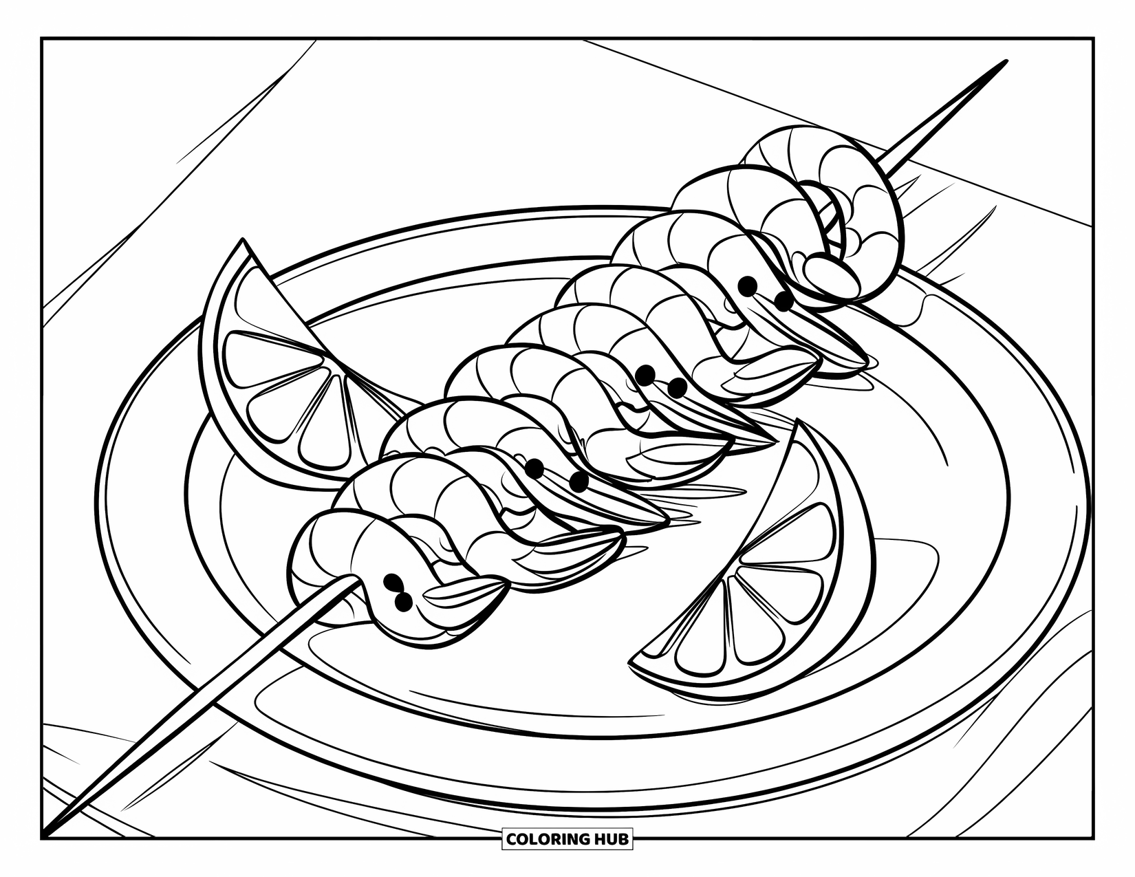 Summer Food Coloring Page for Kids: A shrimp skewer with lemon wedges and bold outlines for kids