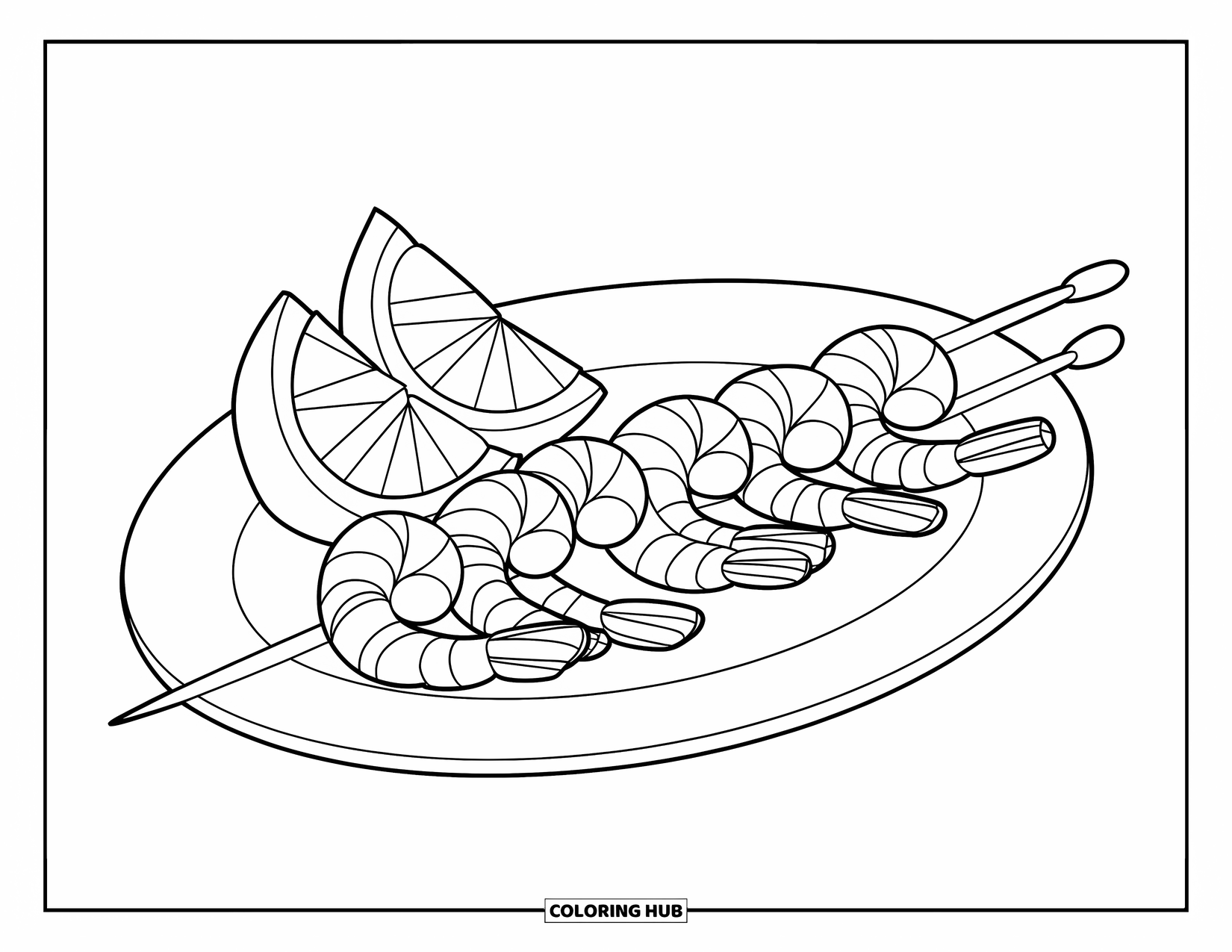 Summer Food Coloring Page for Kids: A shrimp skewer with lemon wedges neatly placed on a white plate