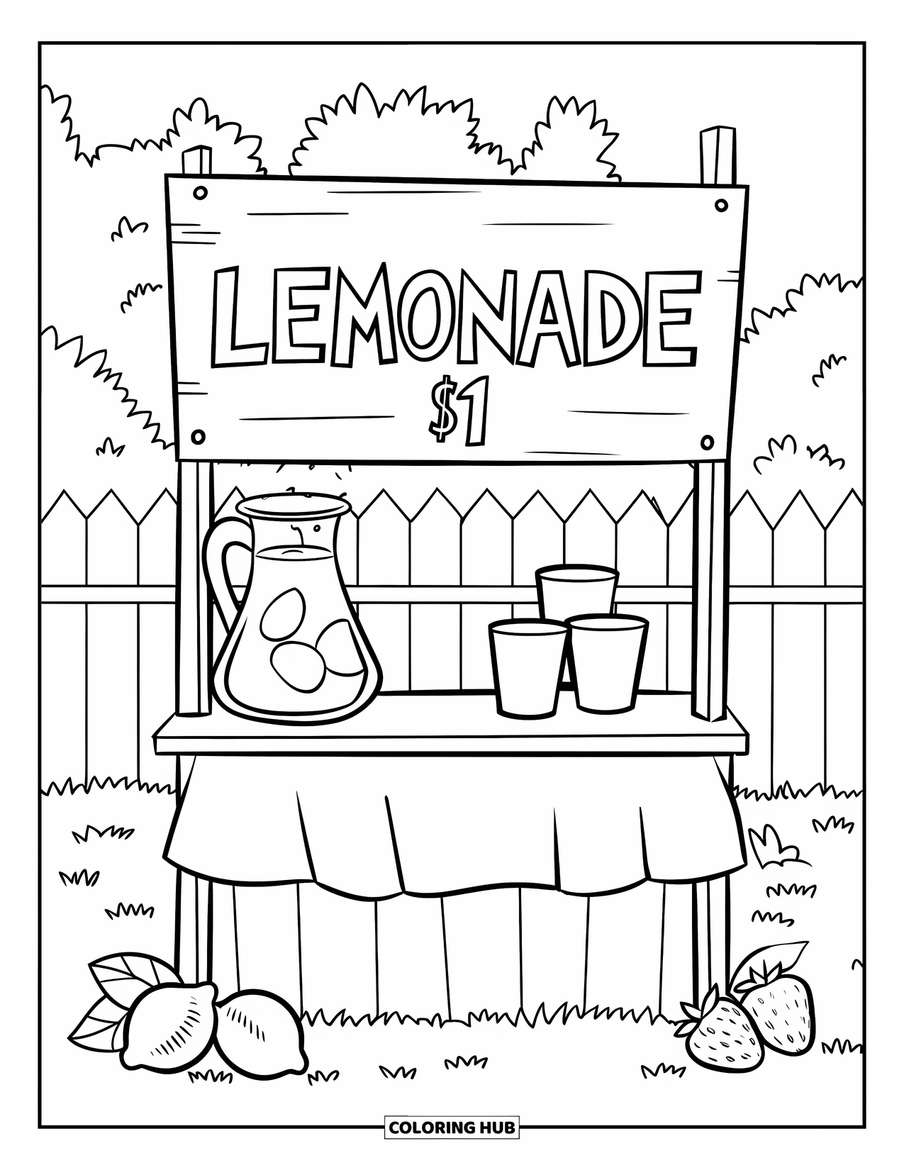 Summer Food Coloring Page for Kids: A small lemonade stand with a pitcher, lemons, and a fence