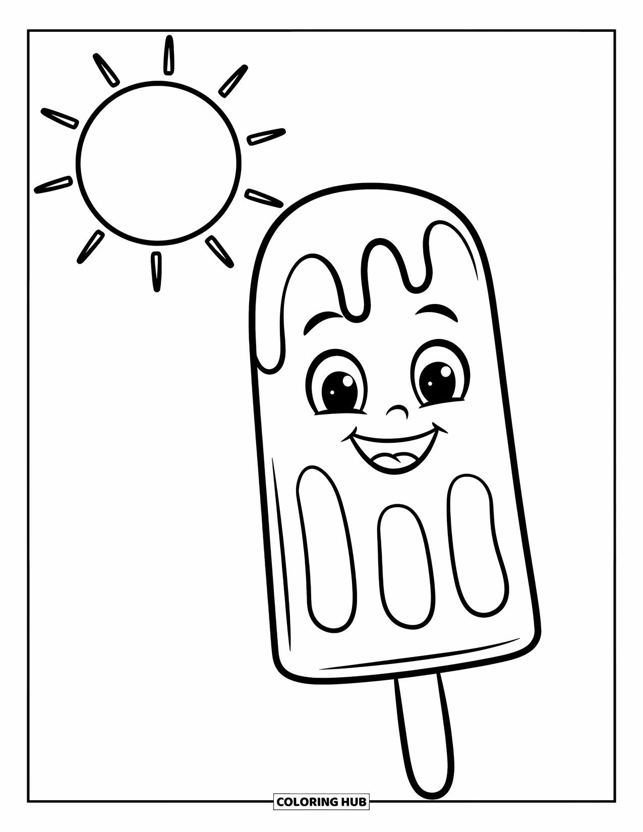 Summer Food Coloring Page for Kids: A smiling popsicle drips under the shining summer sun
