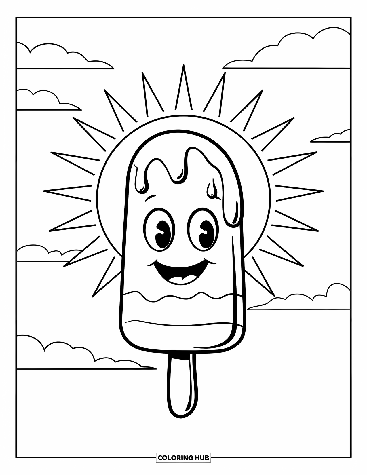 Summer Food Coloring Page for Kids: A smiling popsicle under the sun with clouds and rays above