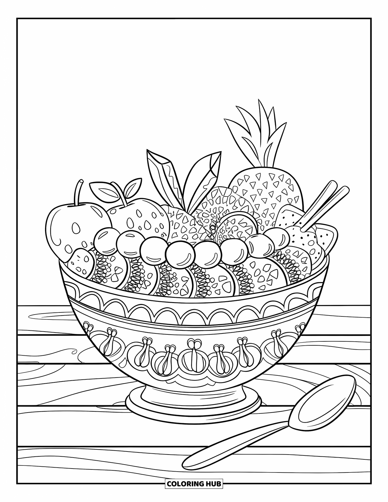 Summer Food Coloring Page for Kids: A smoothie bowl topped with rows of fruit and seeds