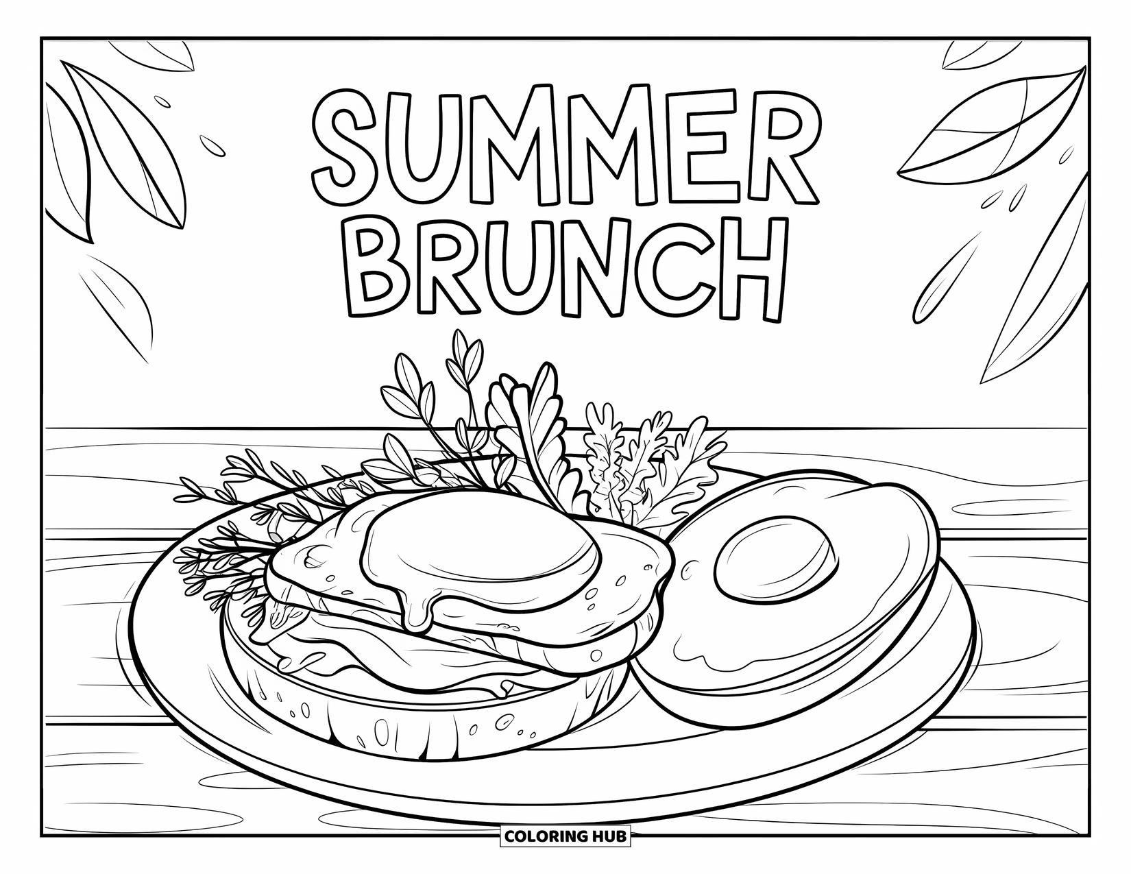 Summer Food Coloring Page for Kids: A "Summer Brunch" plate with toast, egg, avocado, and sprigs of herbs