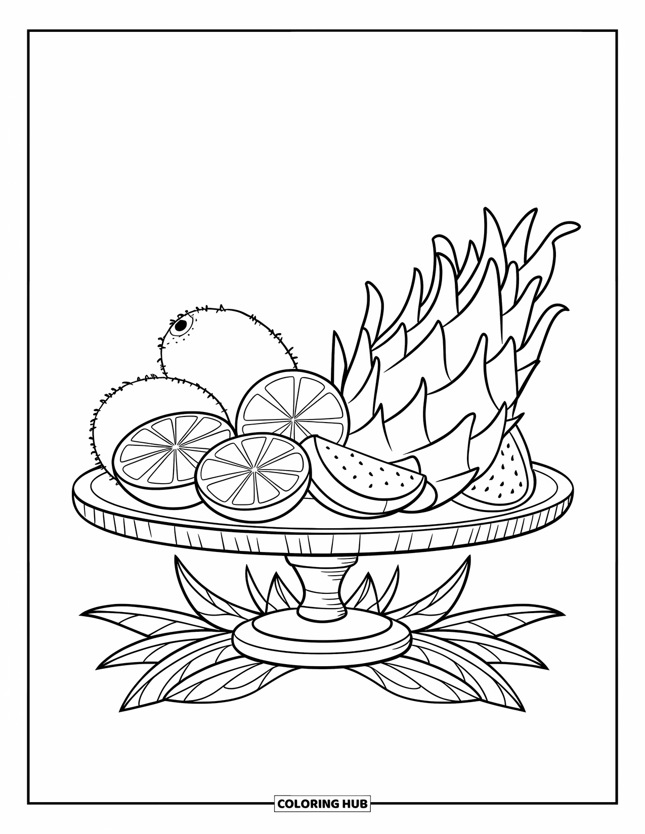 Summer Food Coloring Page for Kids: A summer fruit platter with kiwi, citrus, and dragon fruit on a stand