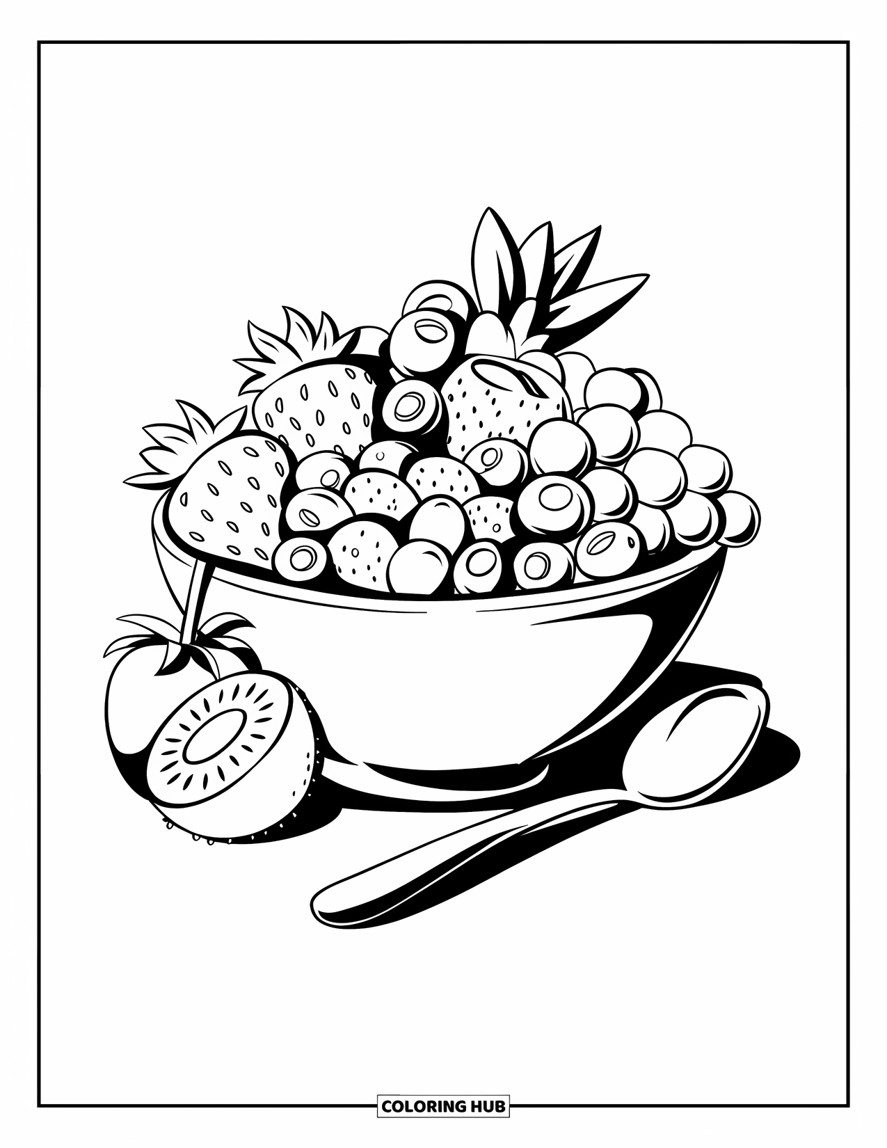 Summer Food Coloring Page for Kids: A summer fruit salad bowl with grapes, kiwi, and berries