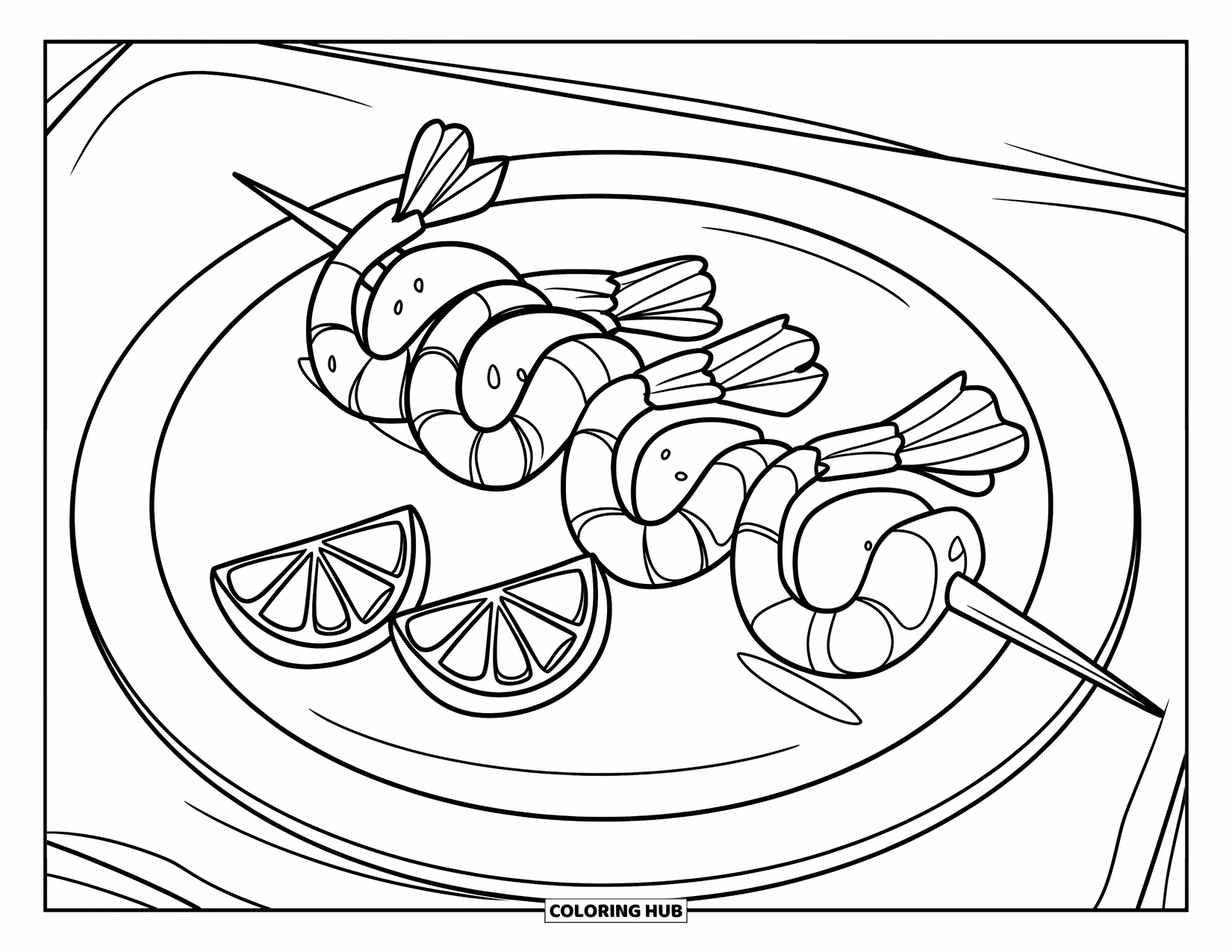 Summer Food Coloring Page for Kids: A summer shrimp skewer with lemon slices on a clean plate