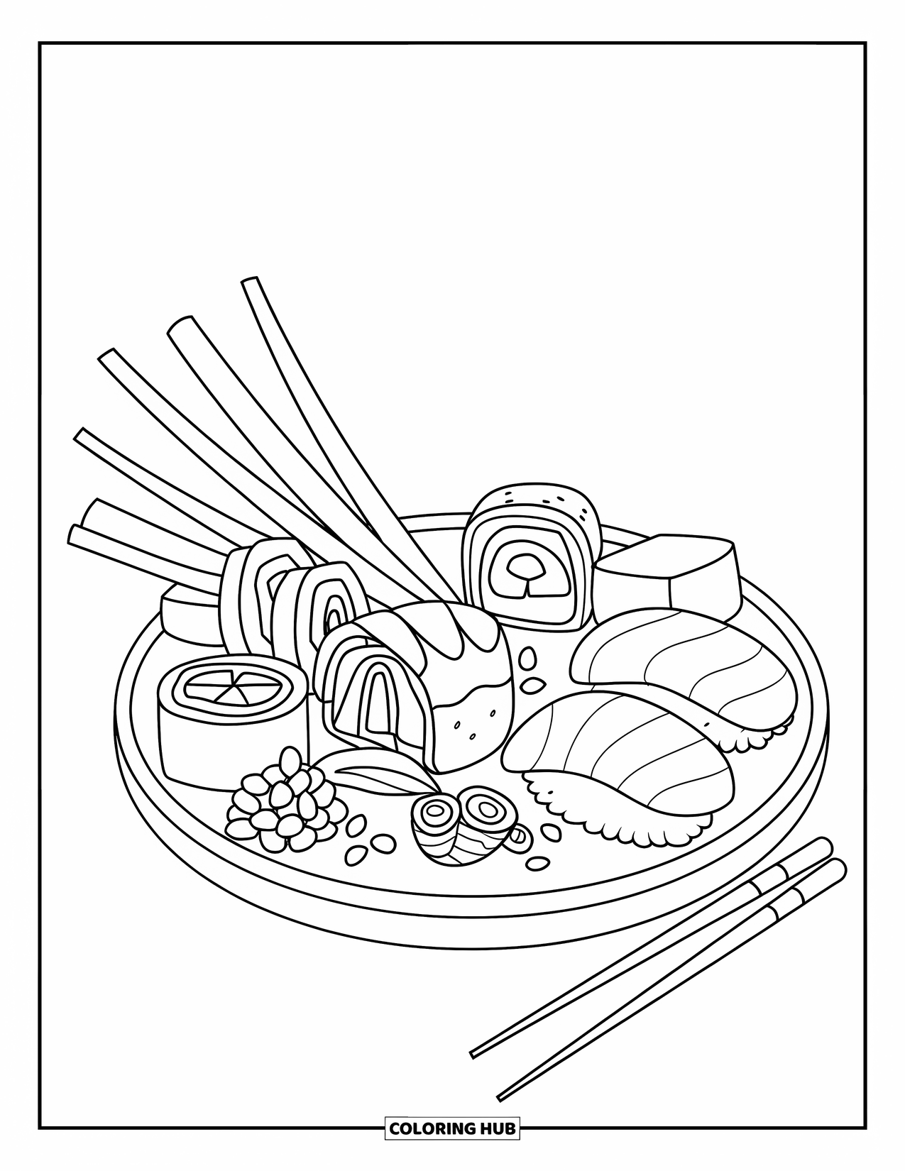 Summer Food Coloring Page for Kids: A sushi plate with rolls, nigiri, and garnish beside chopsticks
