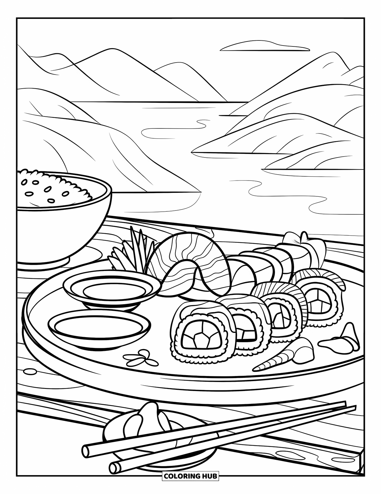 Summer Food Coloring Page for Kids: A sushi set with rolls, soy sauce, and chopsticks by the water