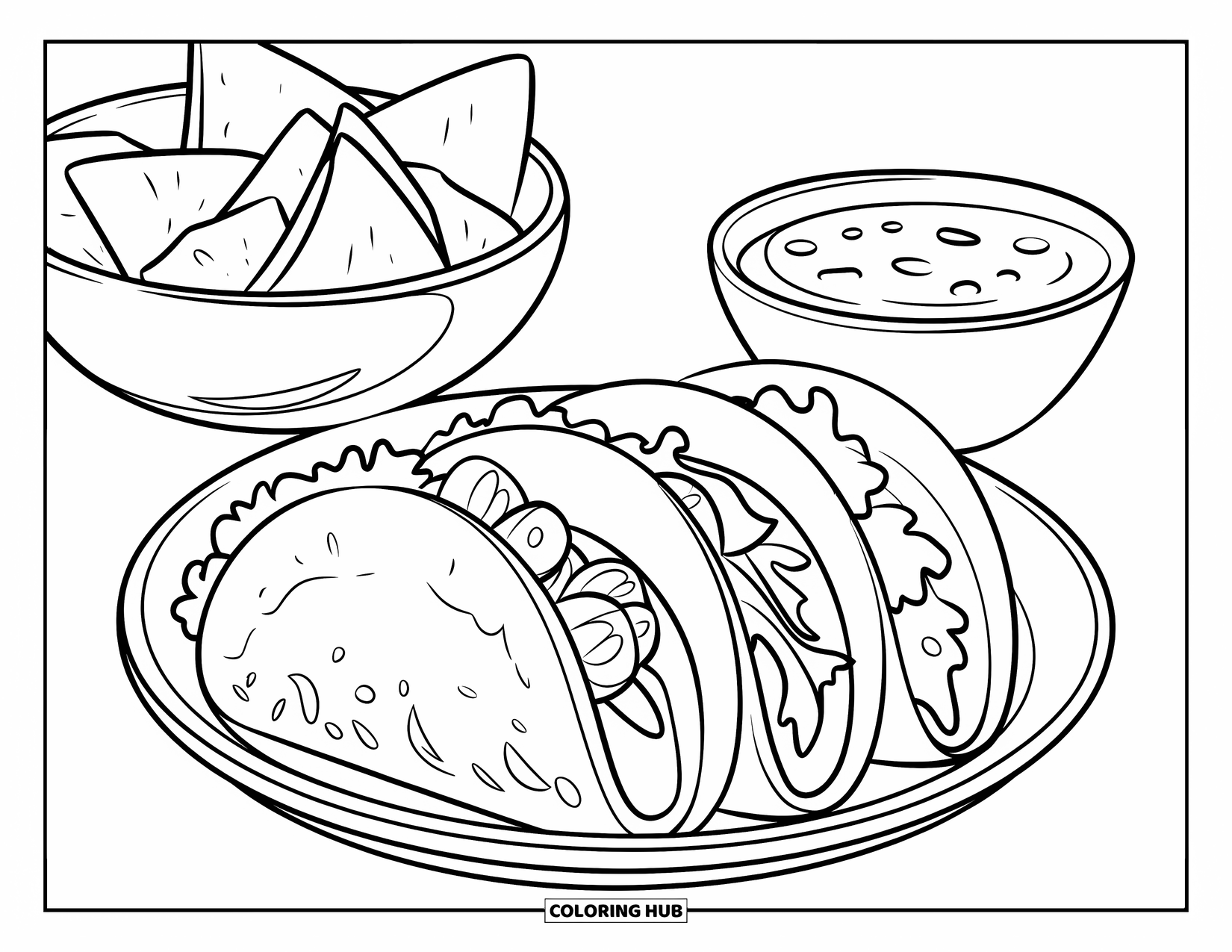 Summer Food Coloring Page for Kids: A taco plate with chips and salsa ready for summer snacking