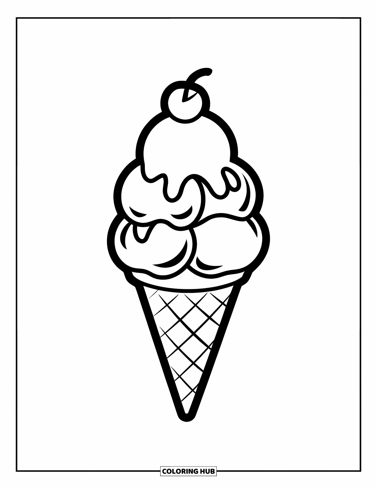 Summer Food Coloring Page for Kids: A tall ice cream cone with three scoops and bold outlines