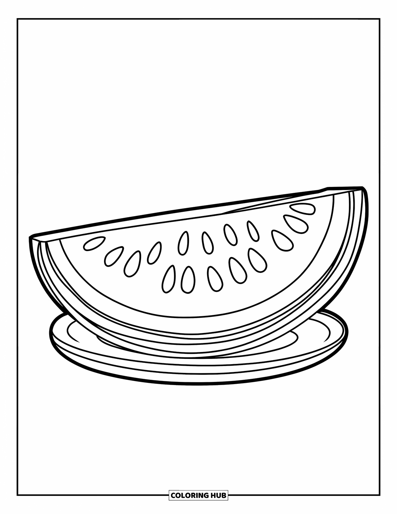 Summer Food Coloring Page for Kids: A watermelon slice with big seeds resting on a white plate