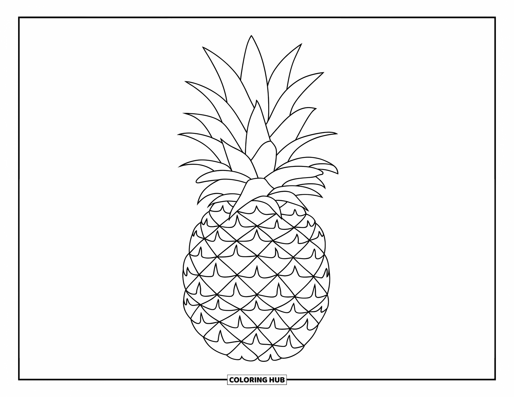 Summer Food Coloring Page for Kids: A whole pineapple with tall leaves and a textured surface