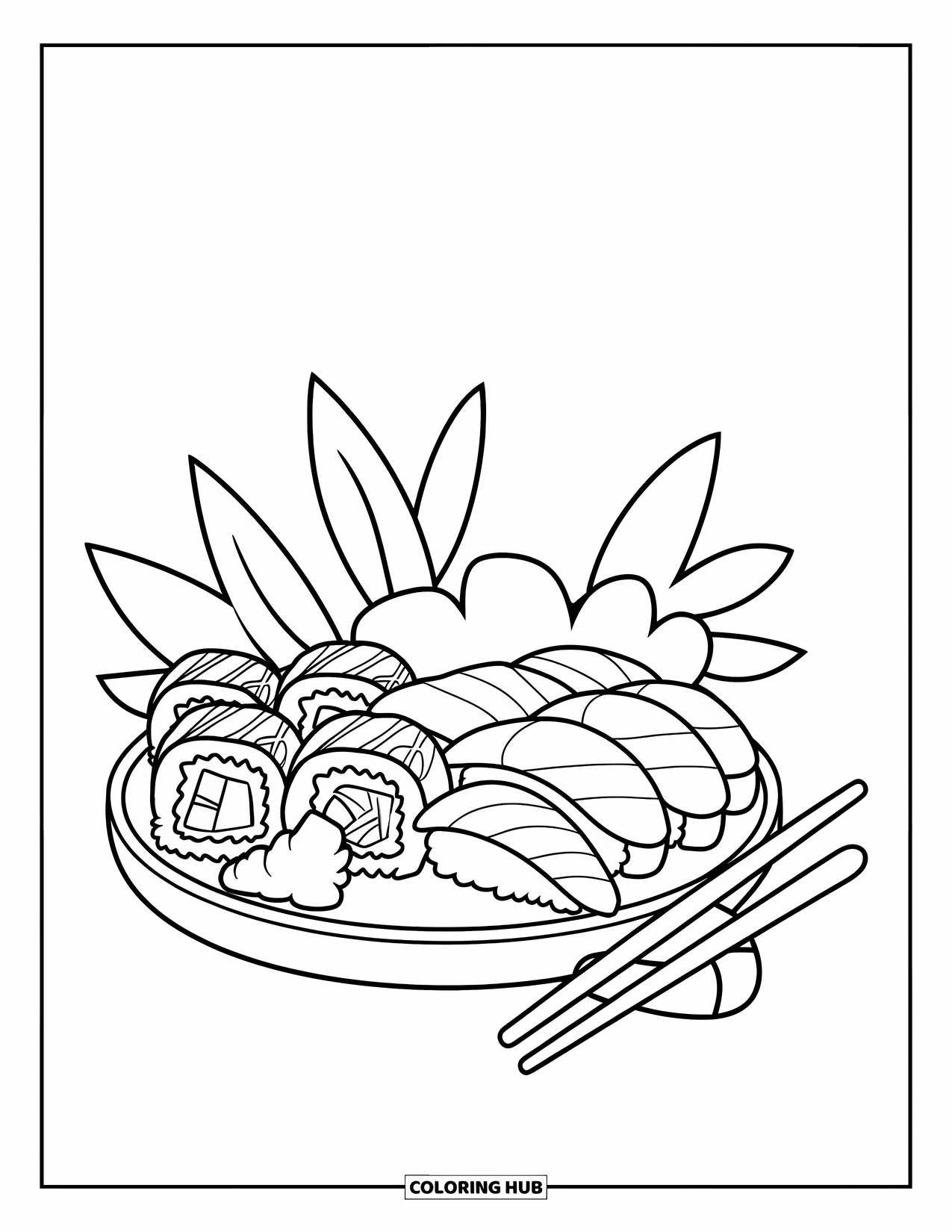 Summer Food Coloring Page for Kids: An assorted sushi plate with dragon rolls, nigiri, and wasabi