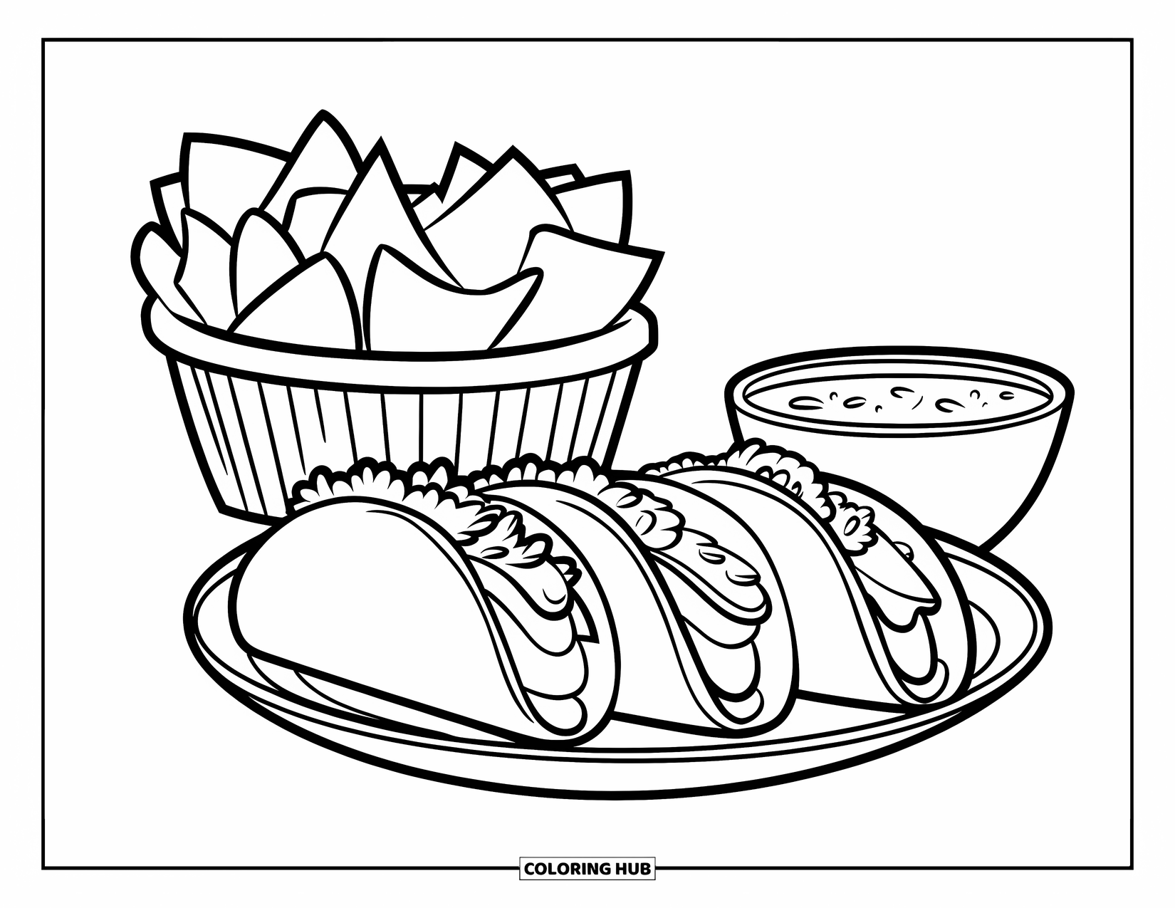 Summer Food Coloring Page for Kids: Three tacos with cheese and salsa beside a bowl of tortilla chips
