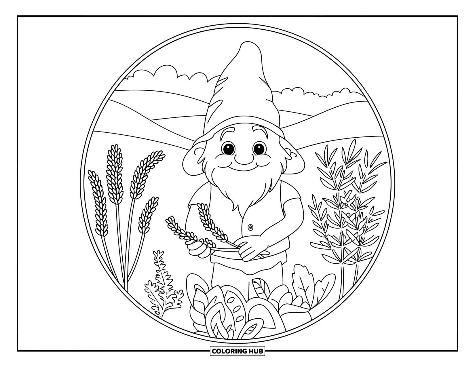 Summer Gnome Coloring Page for Adults: A cheerful gnome harvests lavender in a mandala garden with basil and rosemary