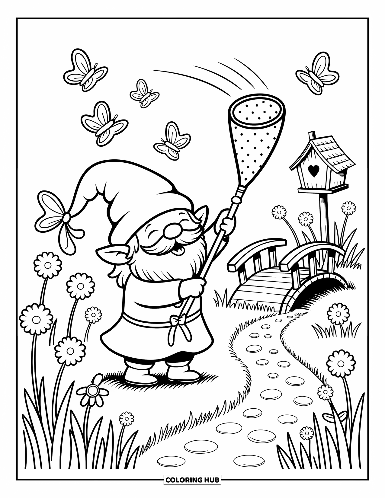 Summer Gnome Coloring Page for Adults: A cheerful gnome swings a net through tall grass as butterflies flutter nearby