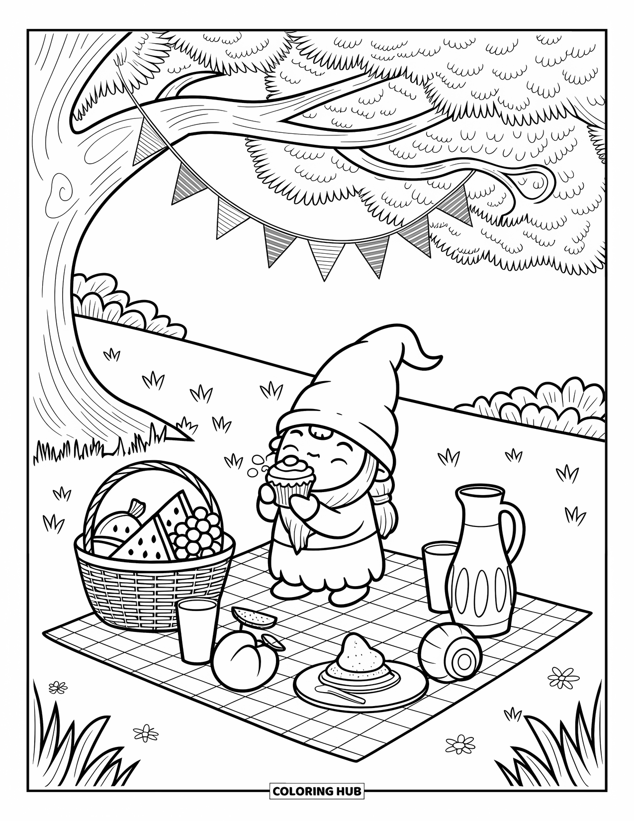 Summer Gnome Coloring Page for Adults: A gnome eats a cupcake on a blanket filled with fruit, drinks, and summer vibes
