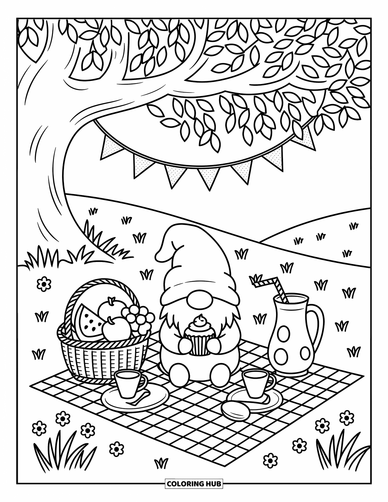 Summer Gnome Coloring Page for Adults: A gnome has a picnic beneath bunting and a big tree with sweet treats nearby