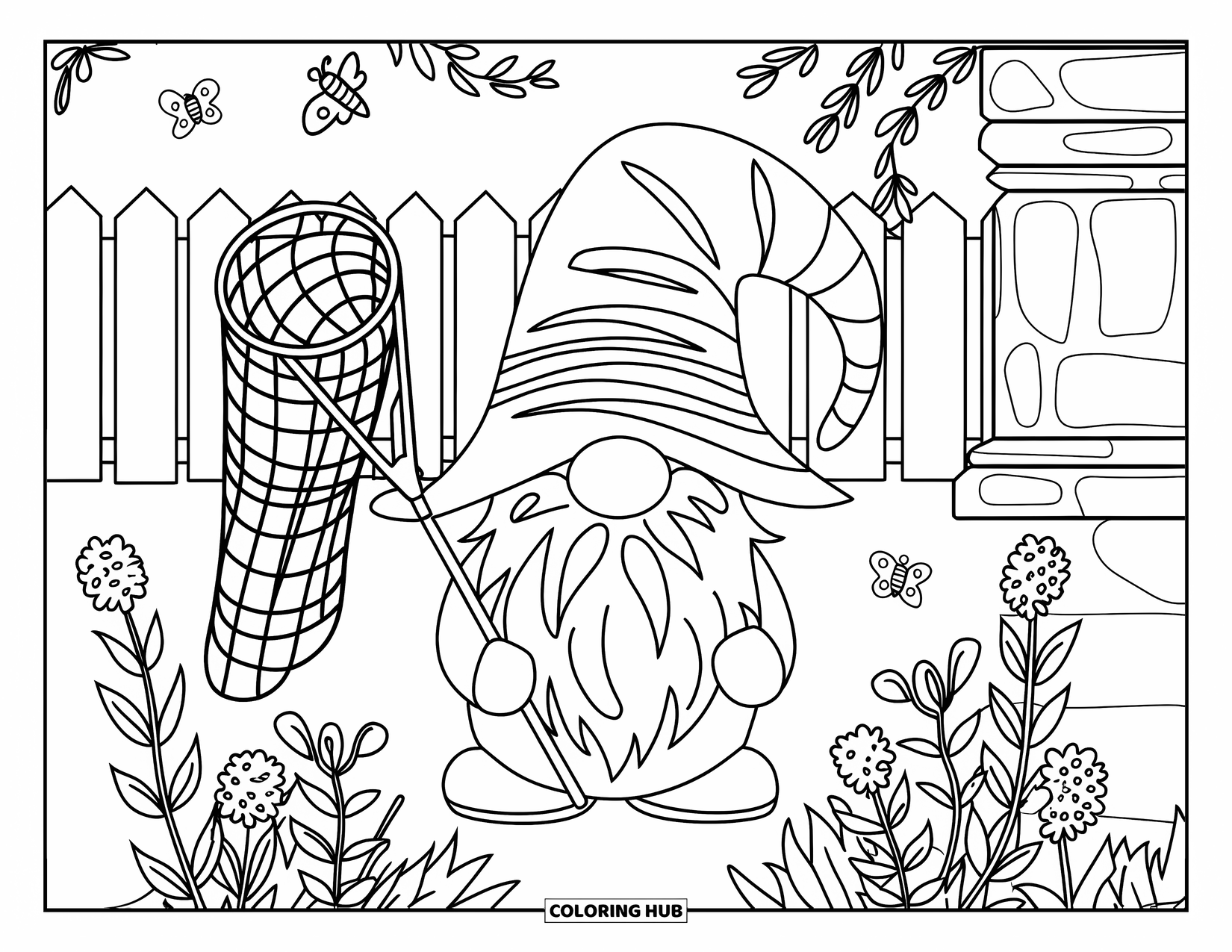 Summer Gnome Coloring Page for Adults: A gnome holds a net near butterflies and a peaceful garden fence